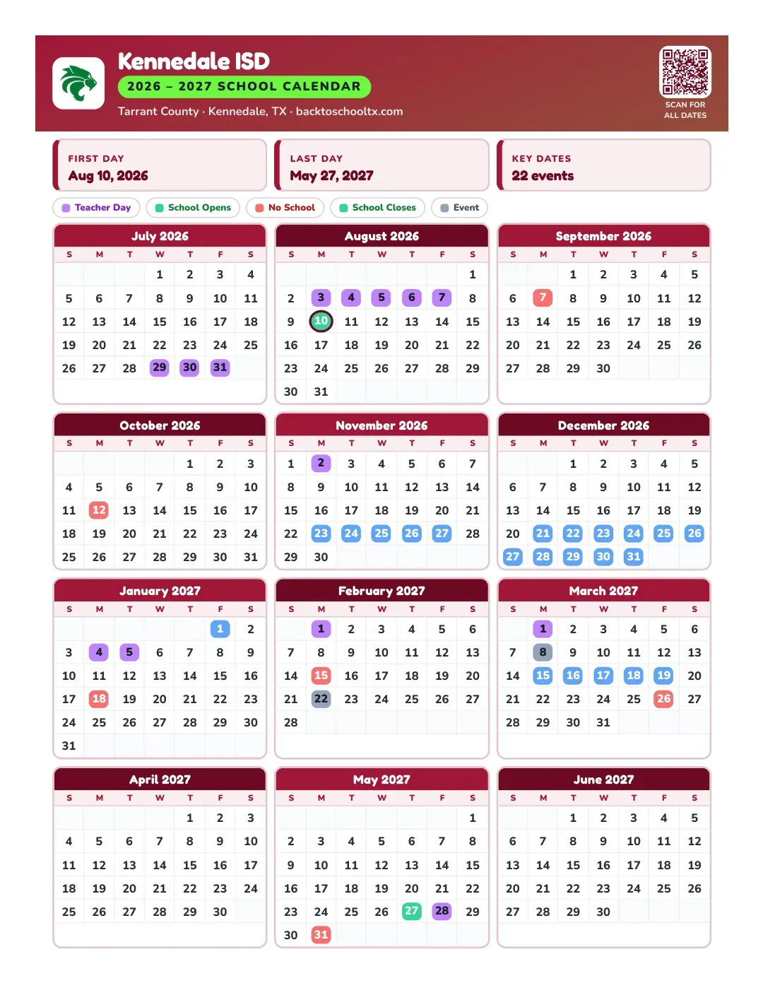 Kennedale ISD Calendar for the Year 26-27
