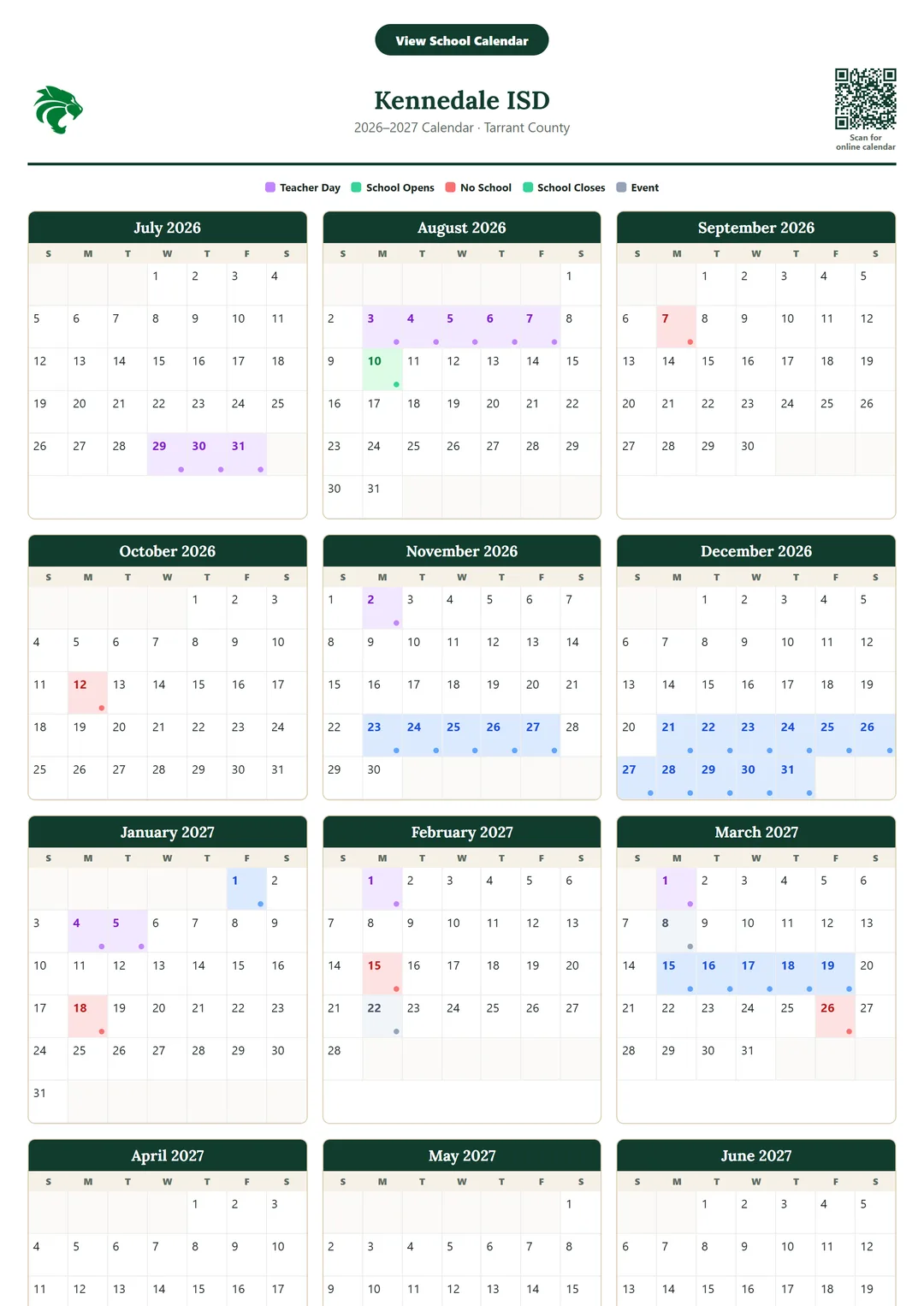 Kennedale ISD printable 2026–2027 calendar