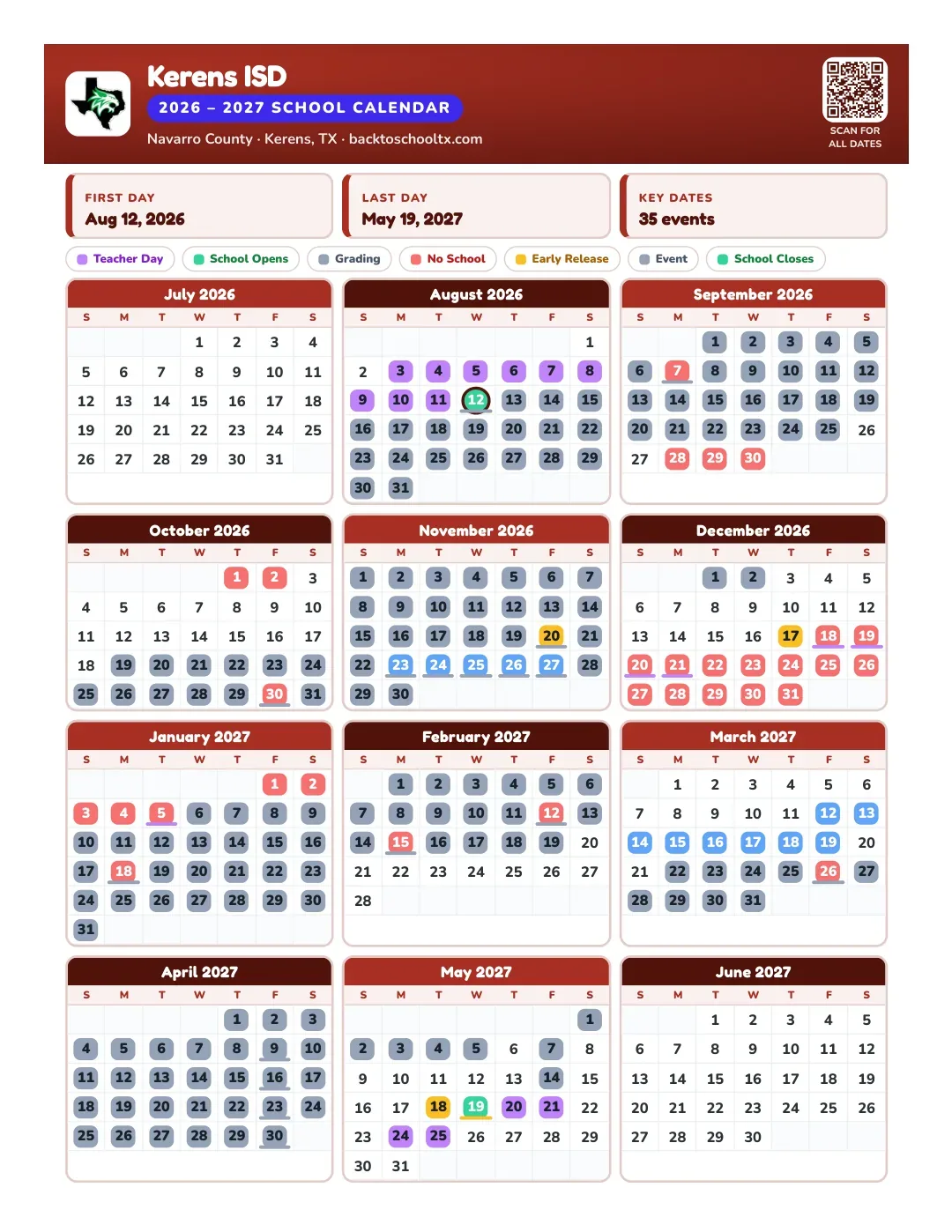 Kerens ISD Calendar for the Year 26-27