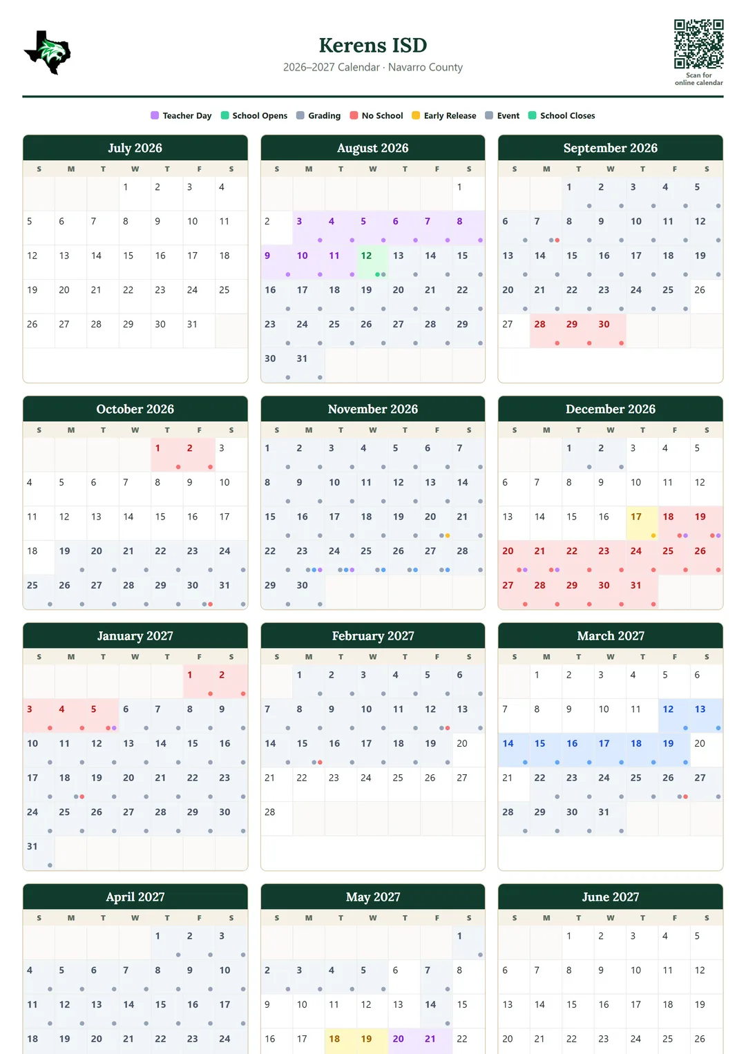 Kerens ISD printable 2026–2027 calendar