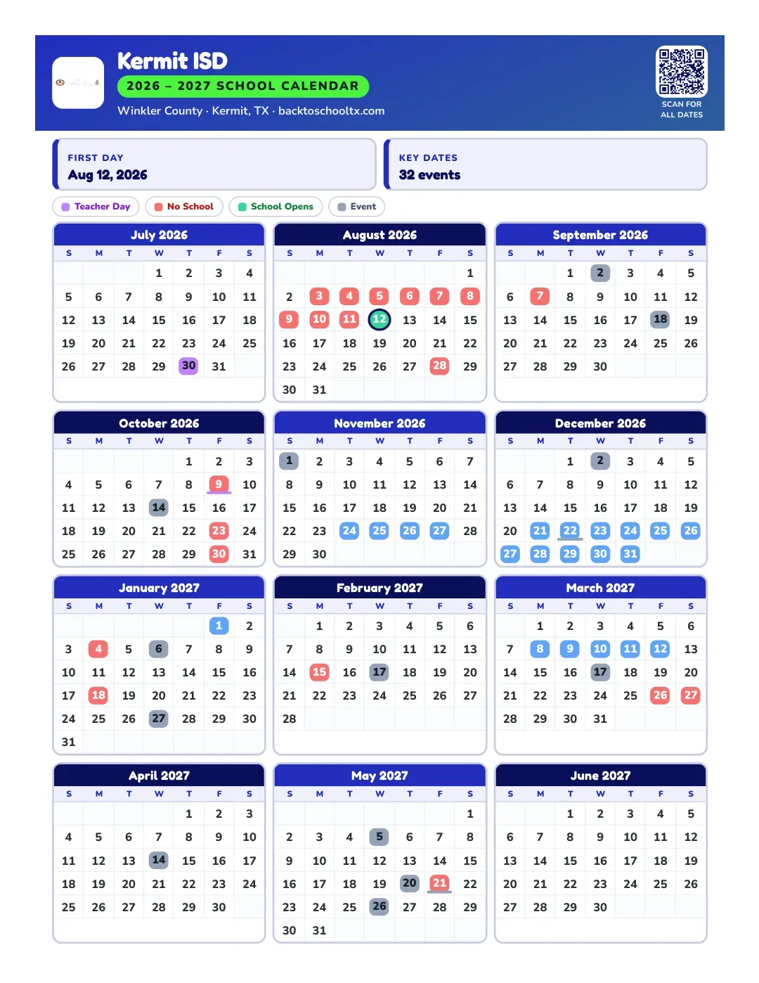 Kermit ISD Calendar for the Year 26-27