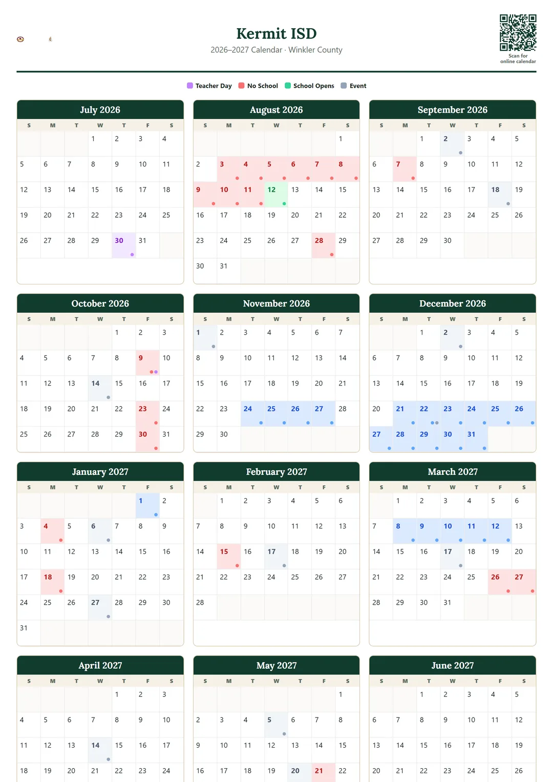 Kermit ISD printable 2026–2027 calendar
