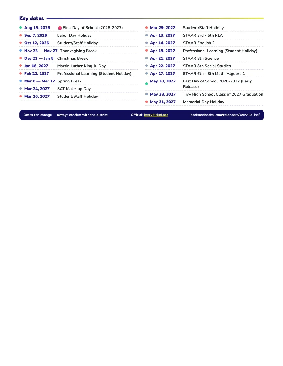 Kerrville ISD Calendar for the Year 26-27 — key dates