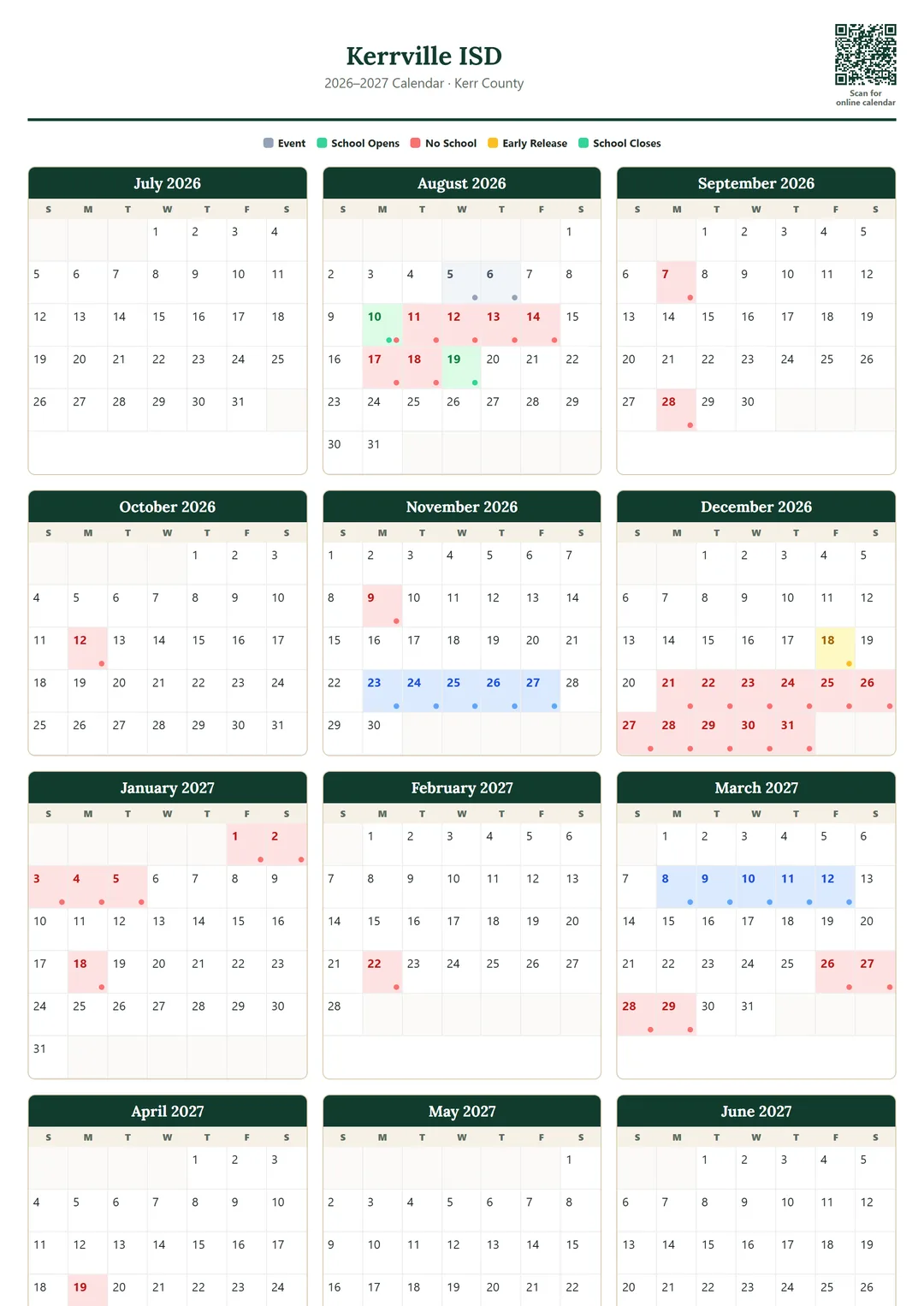 Kerrville ISD printable 2026–2027 calendar