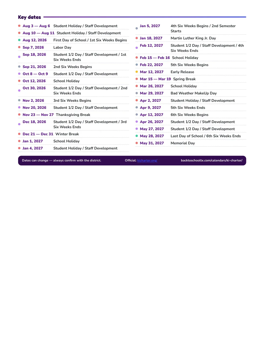 Ki Charter Calendar for the Year 26-27 — key dates