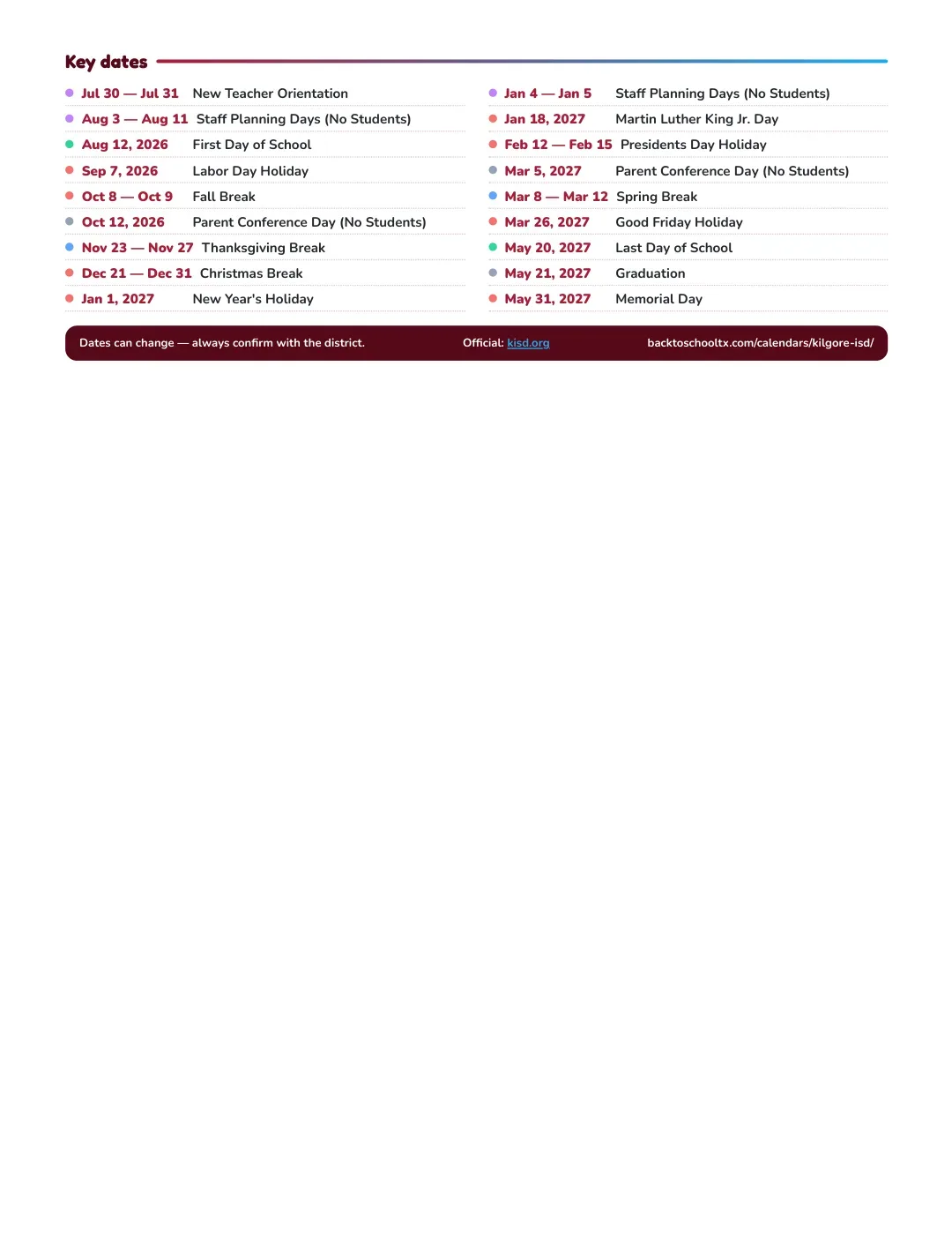 Kilgore ISD Calendar for the Year 26-27 — key dates