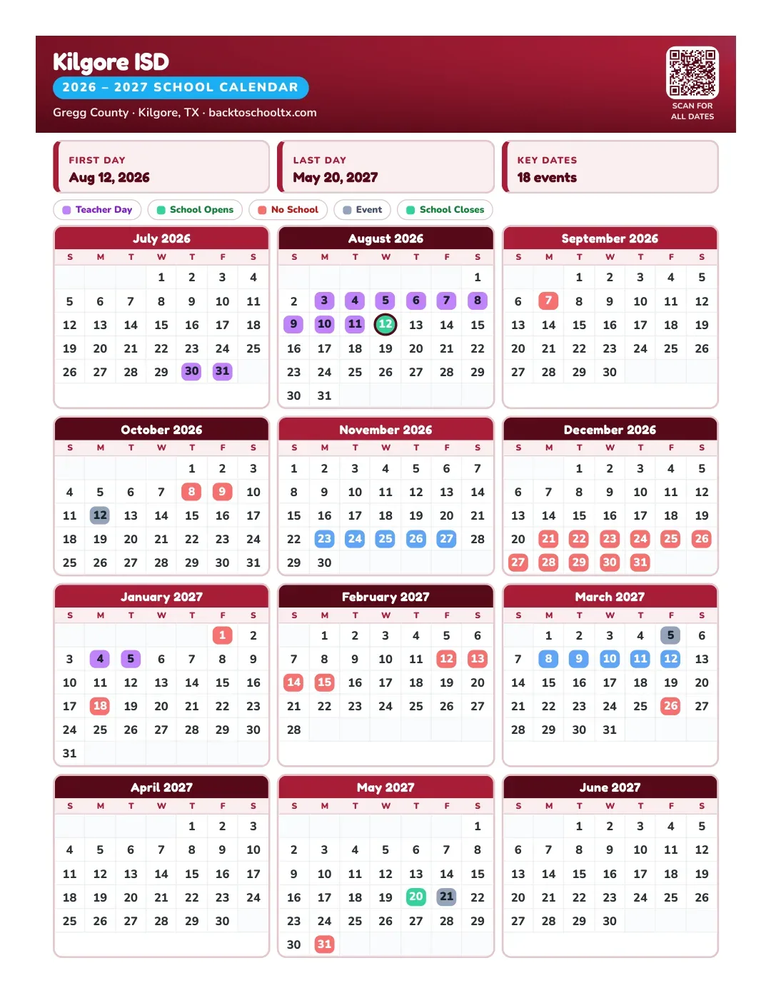 Kilgore ISD Calendar for the Year 26-27