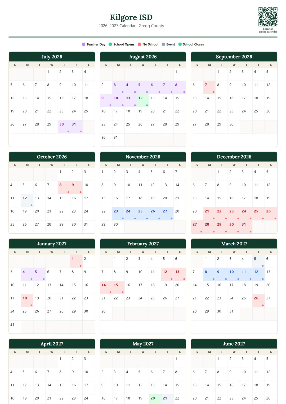 Kilgore ISD printable 2026–2027 calendar