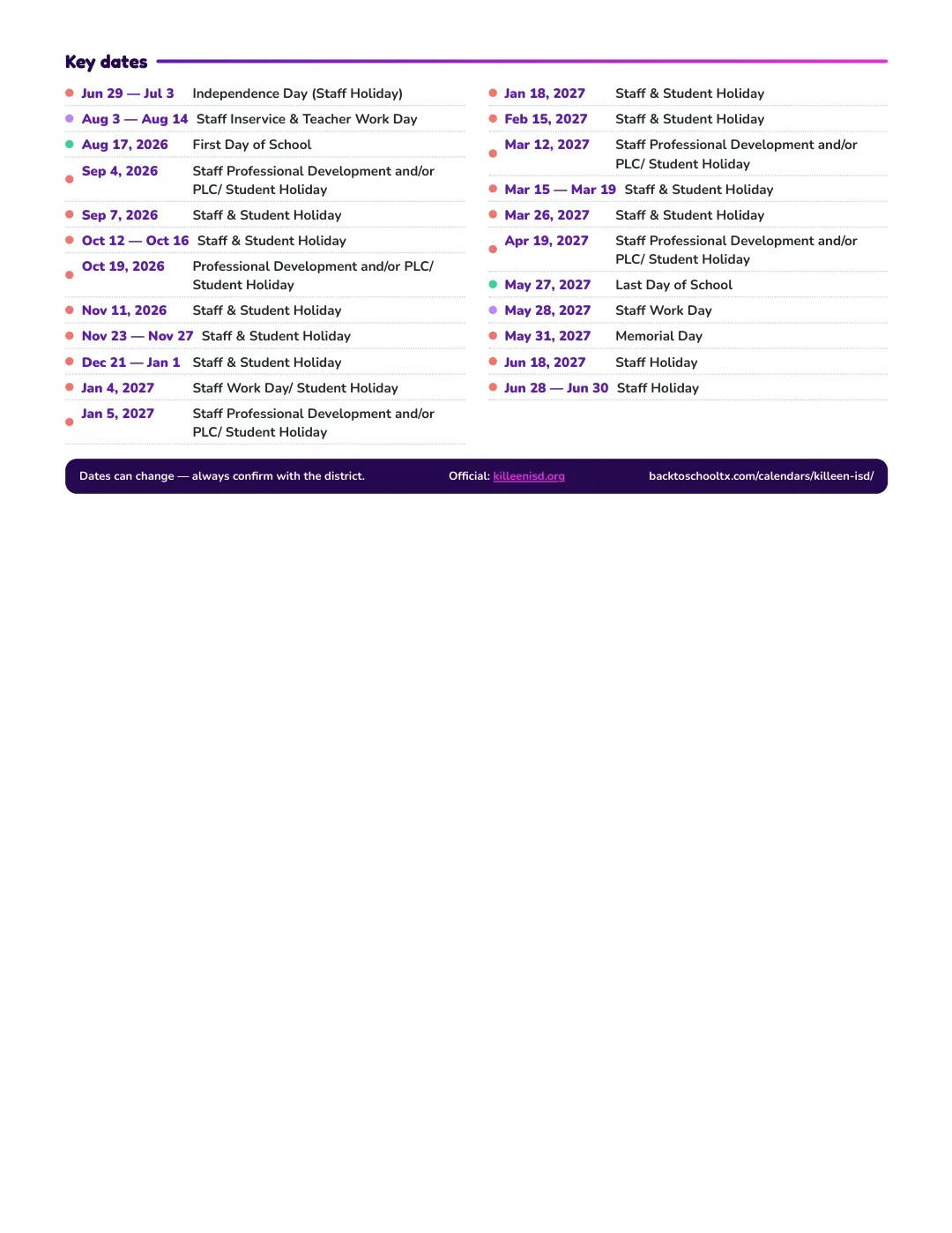 Killeen ISD Calendar for the Year 26-27 — key dates