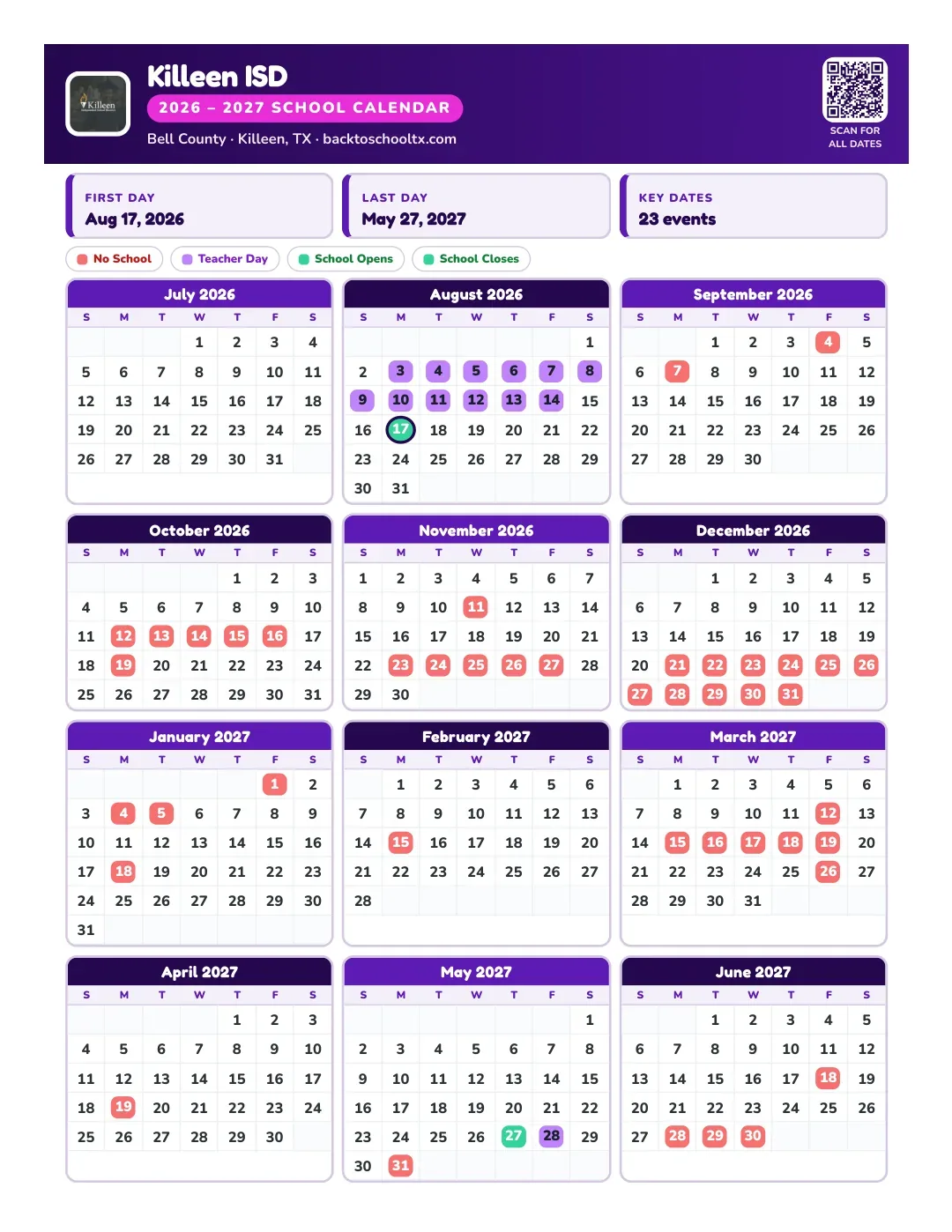 Killeen ISD Calendar for the Year 26-27