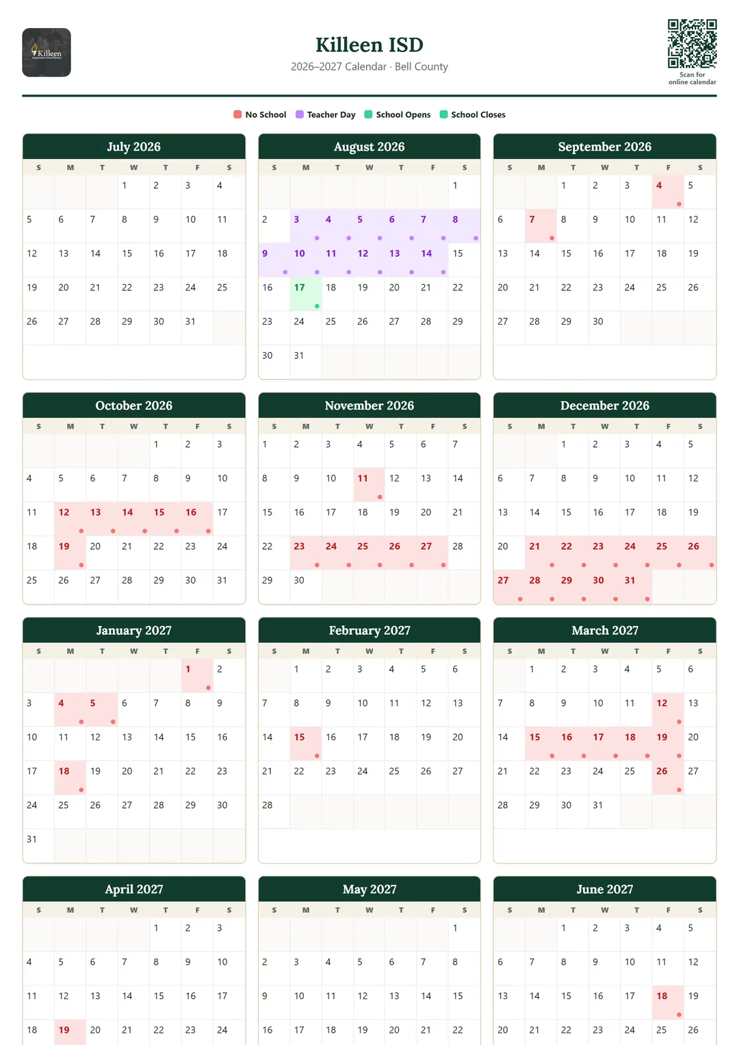 Killeen ISD printable 2026–2027 calendar