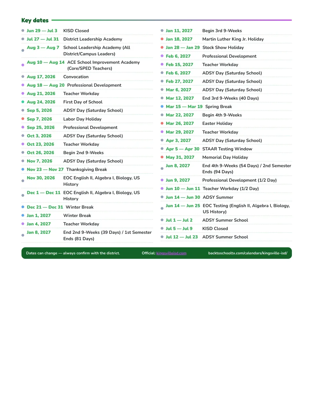 Kingsville ISD Calendar for the Year 26-27 — key dates
