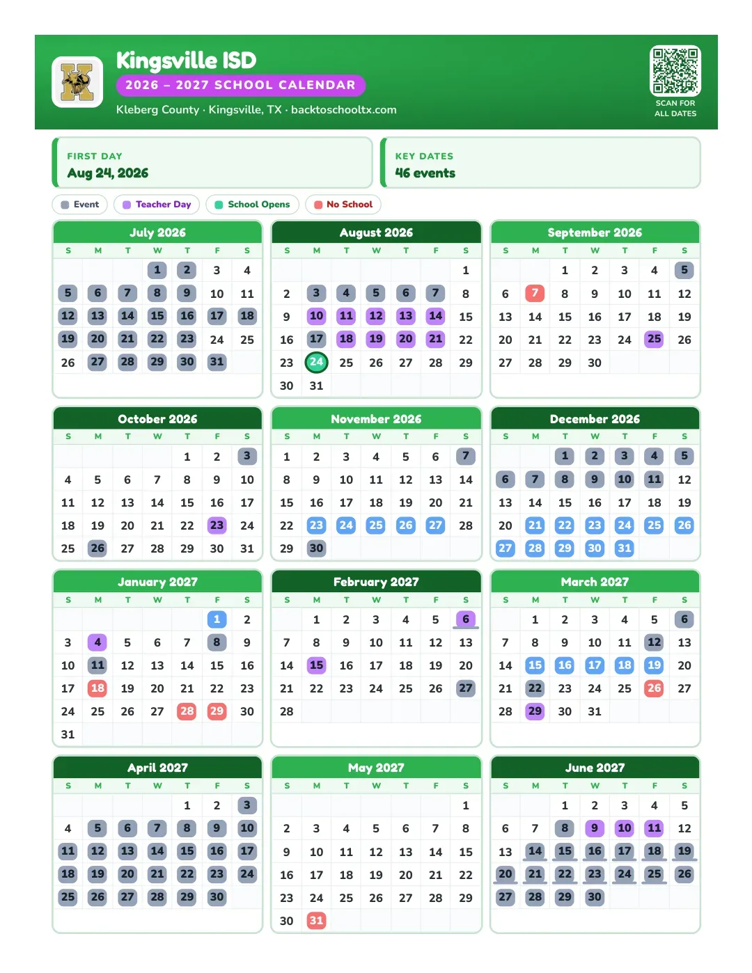 Kingsville ISD Calendar for the Year 26-27