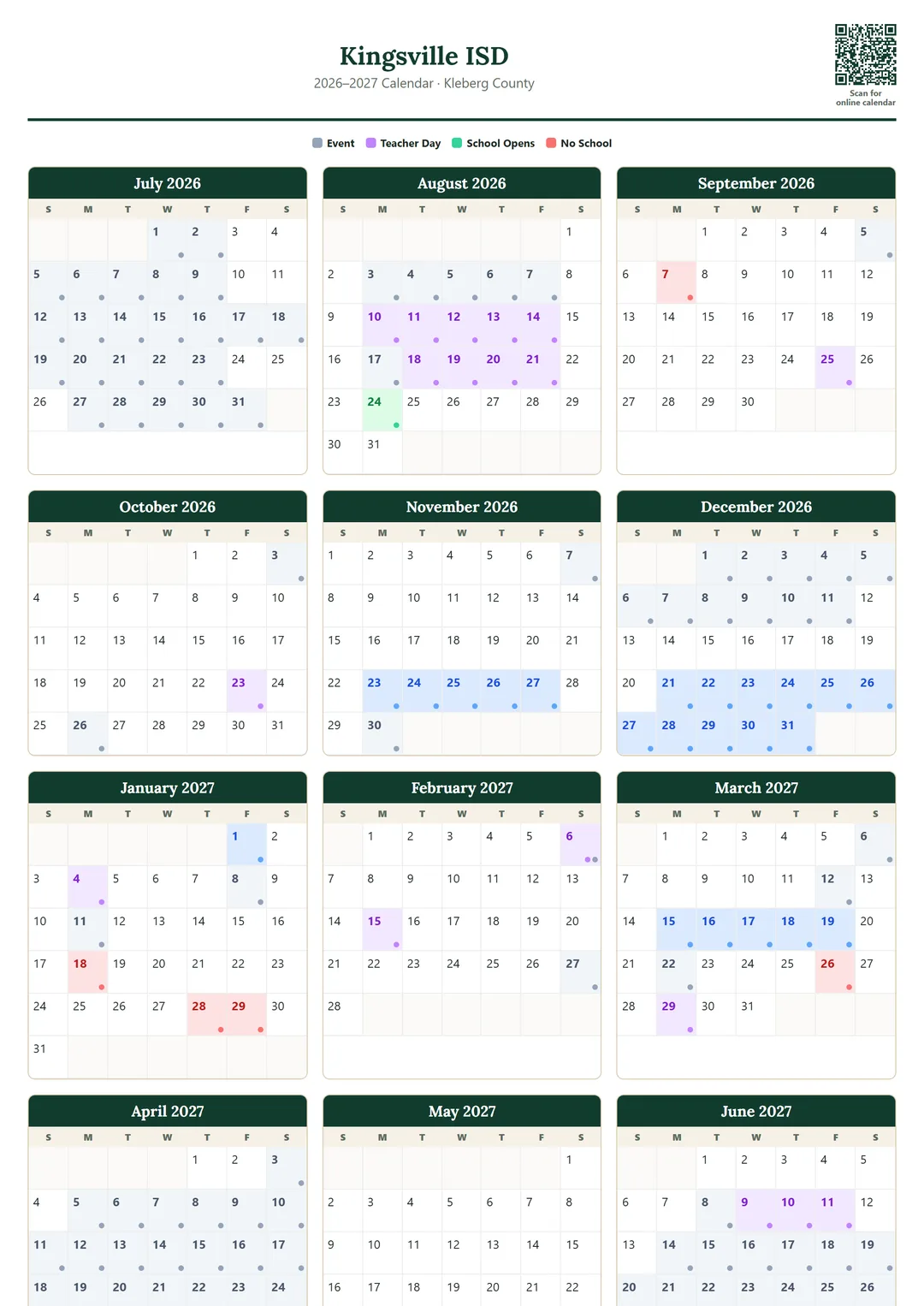 Kingsville ISD printable 2026–2027 calendar