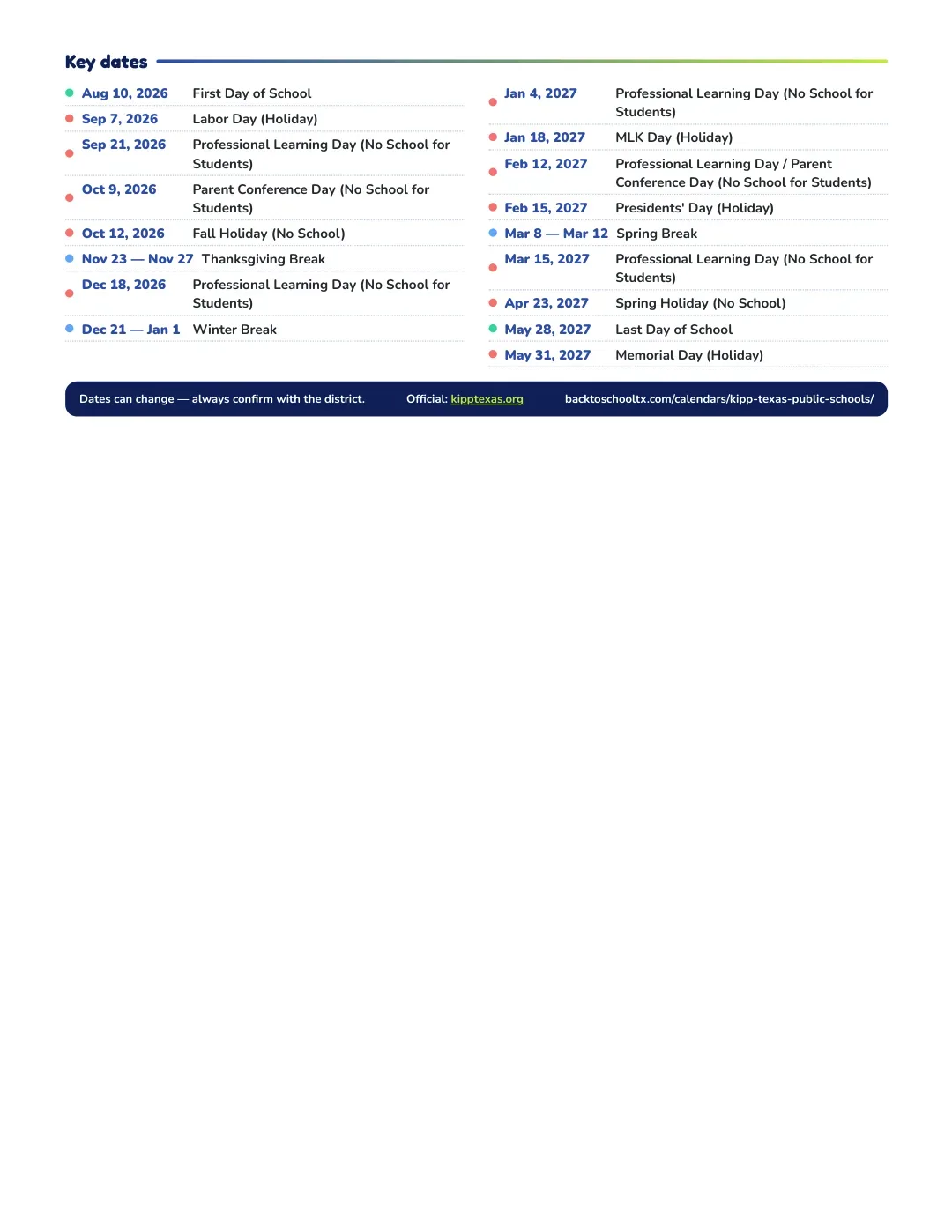 Kipp Texas Public Schools Calendar for the Year 26-27 — key dates