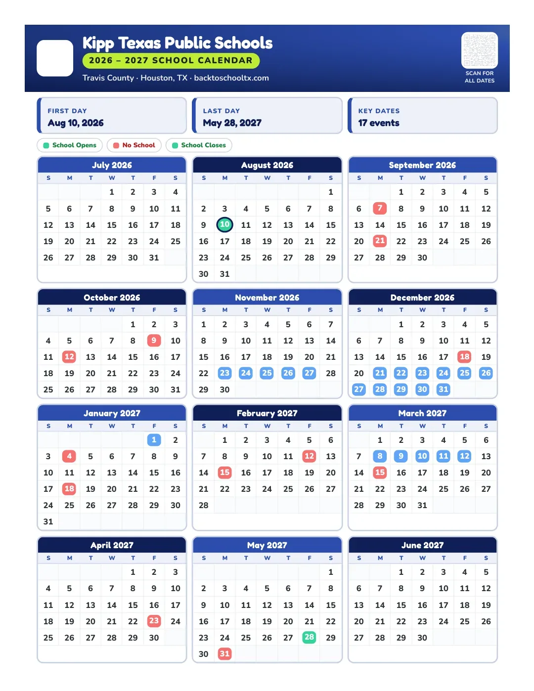Kipp Texas Public Schools Calendar for the Year 26-27