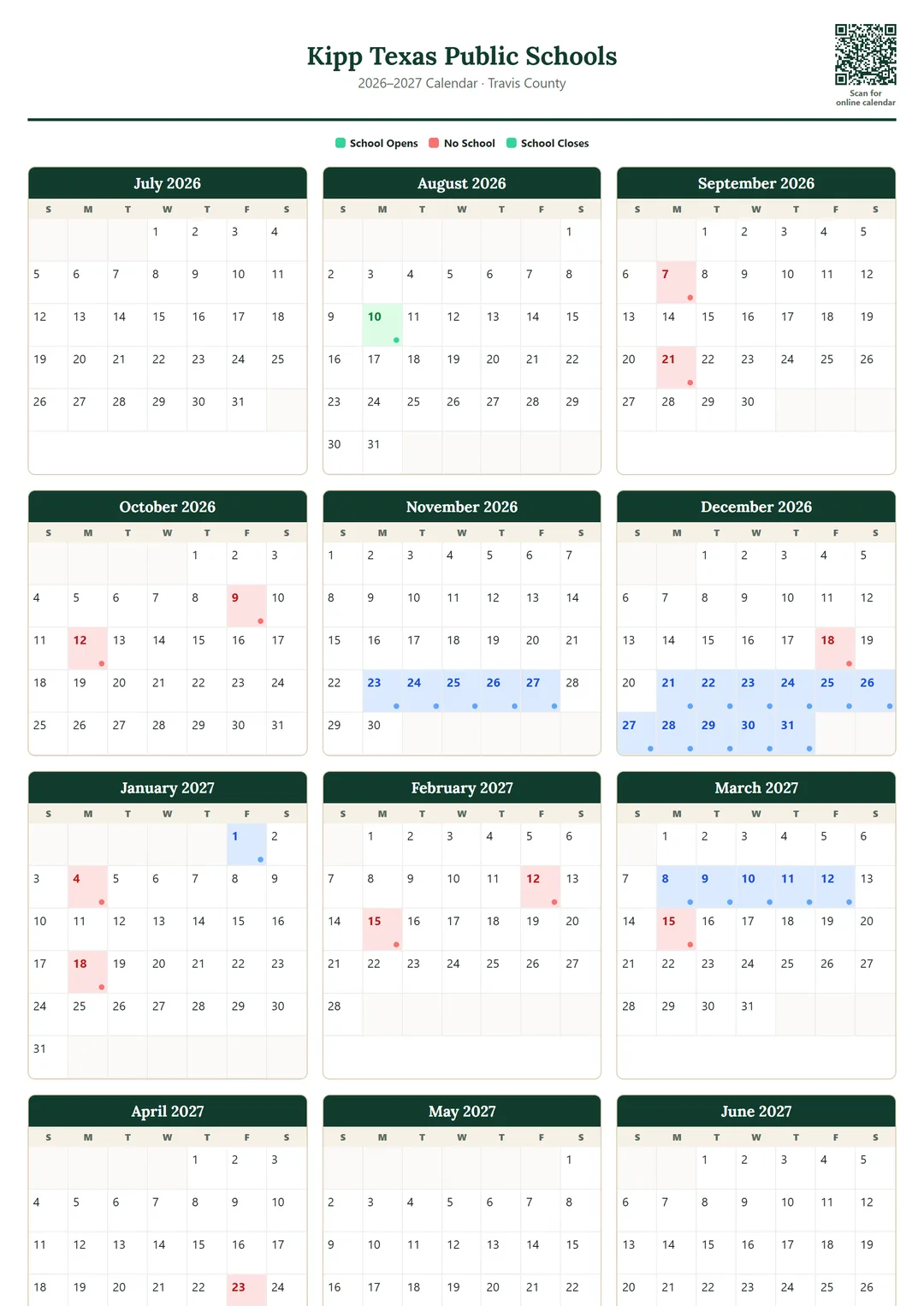 Kipp Texas Public Schools printable 2026–2027 calendar
