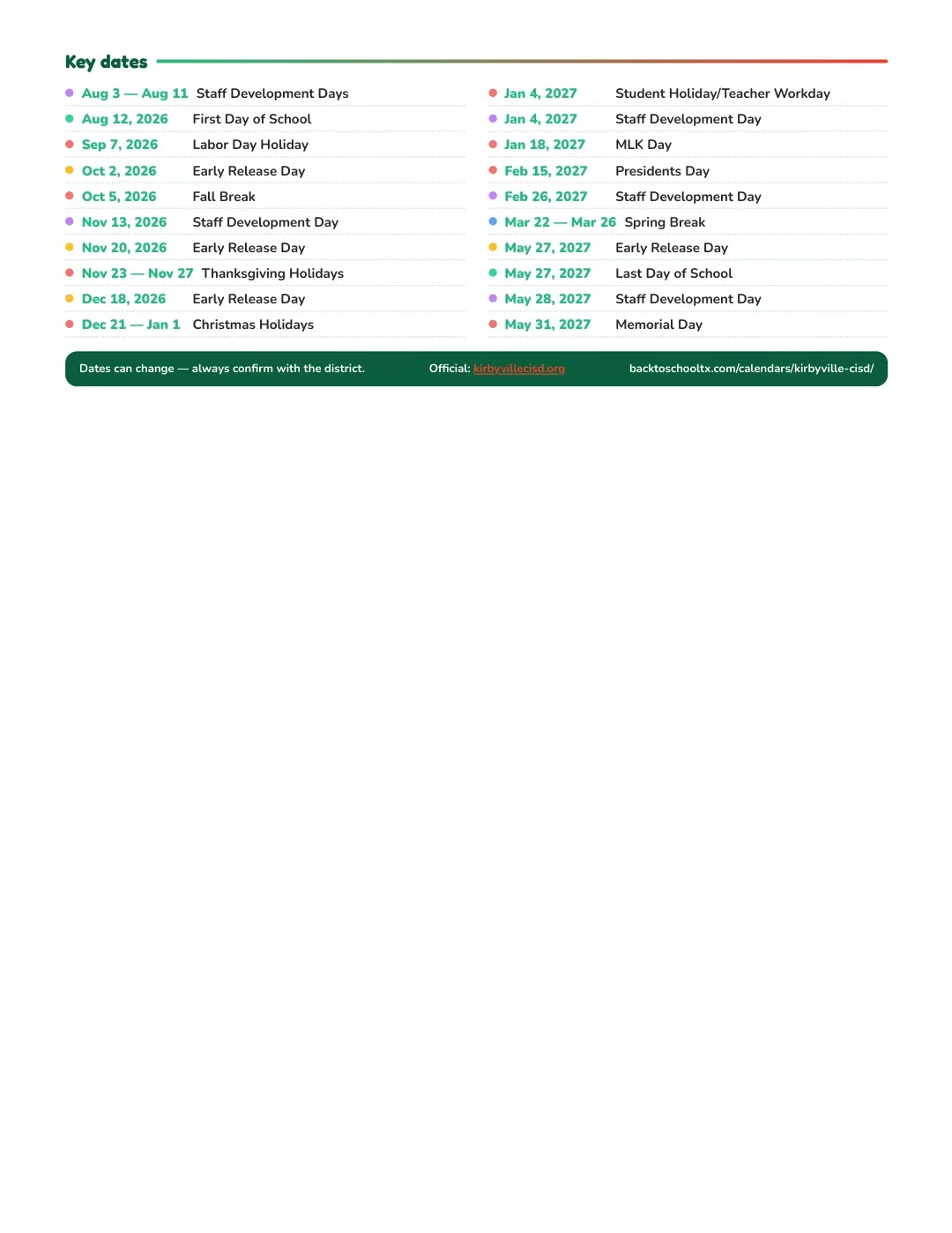 Kirbyville CISD Calendar for the Year 26-27 — key dates