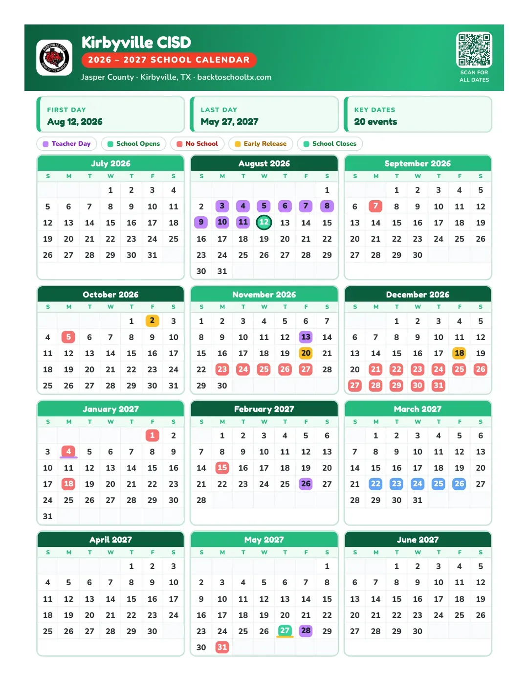 Kirbyville CISD Calendar for the Year 26-27