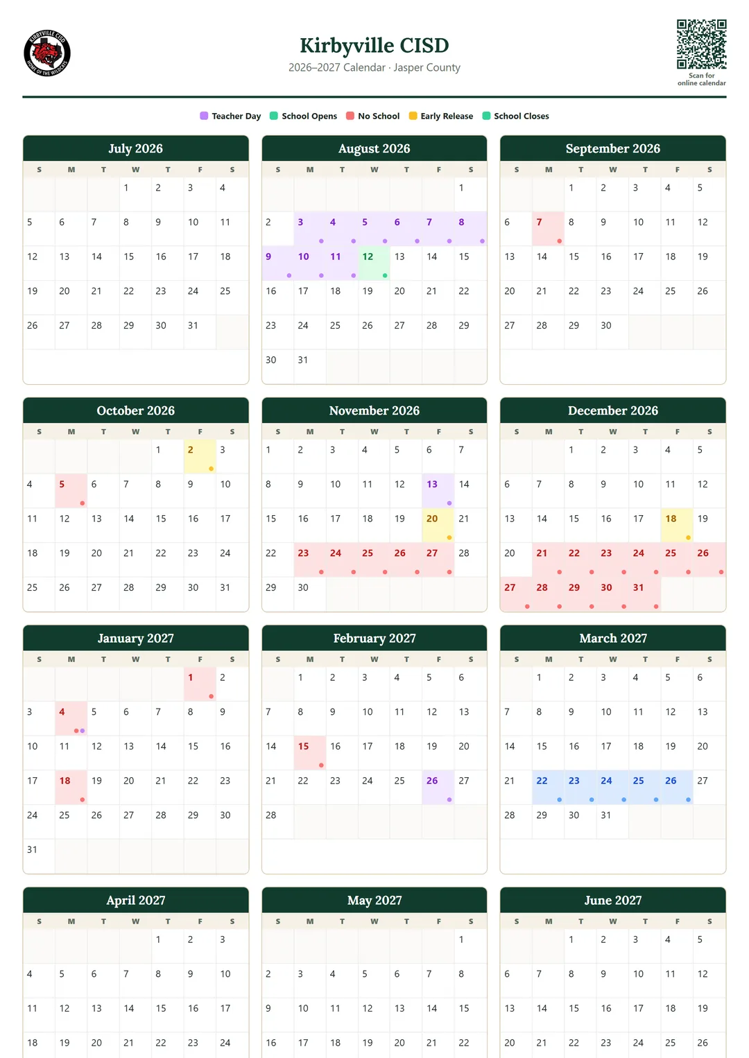 Kirbyville CISD printable 2026–2027 calendar