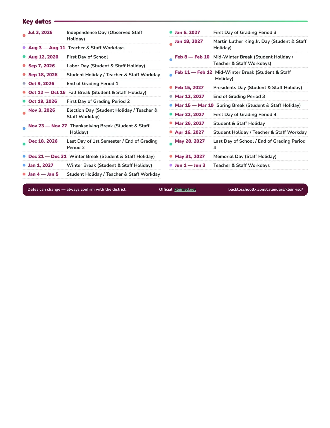 Klein ISD Calendar for the Year 26-27 — key dates