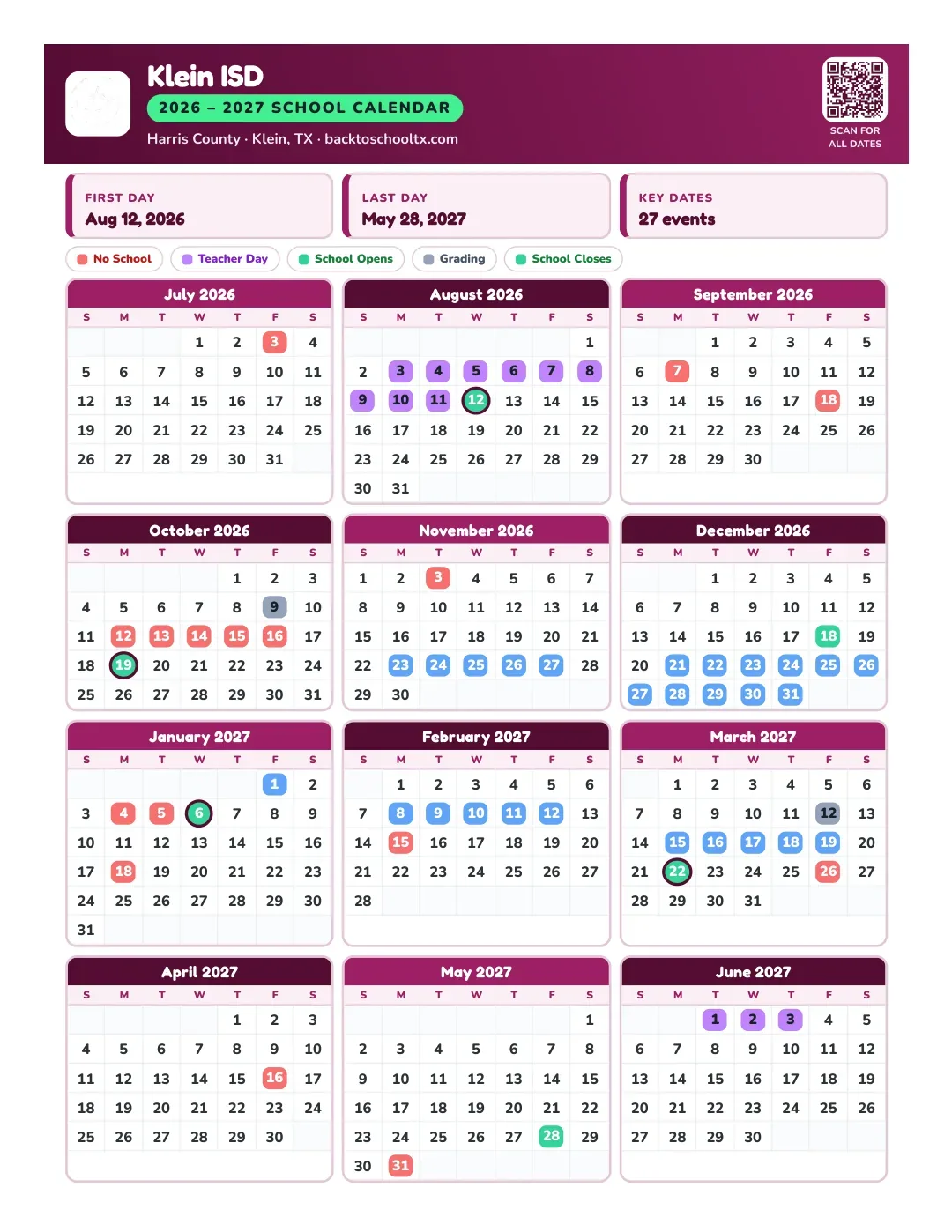 Klein ISD Calendar for the Year 26-27
