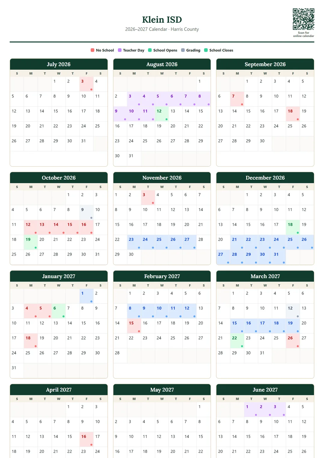 Klein ISD printable 2026–2027 calendar