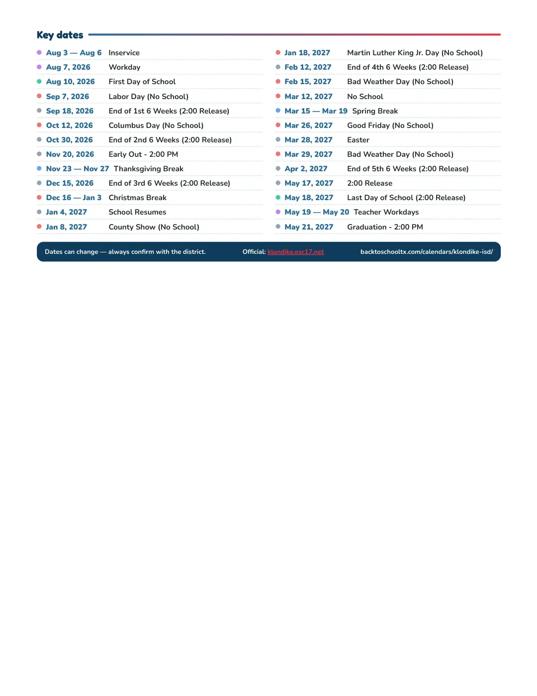 Klondike ISD Calendar for the Year 26-27 — key dates