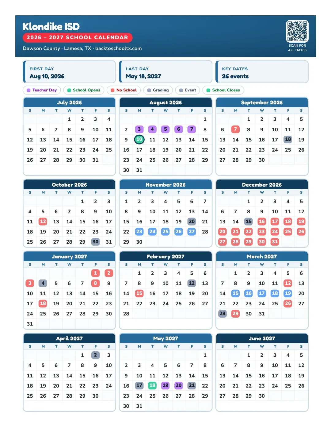 Klondike ISD Calendar for the Year 26-27