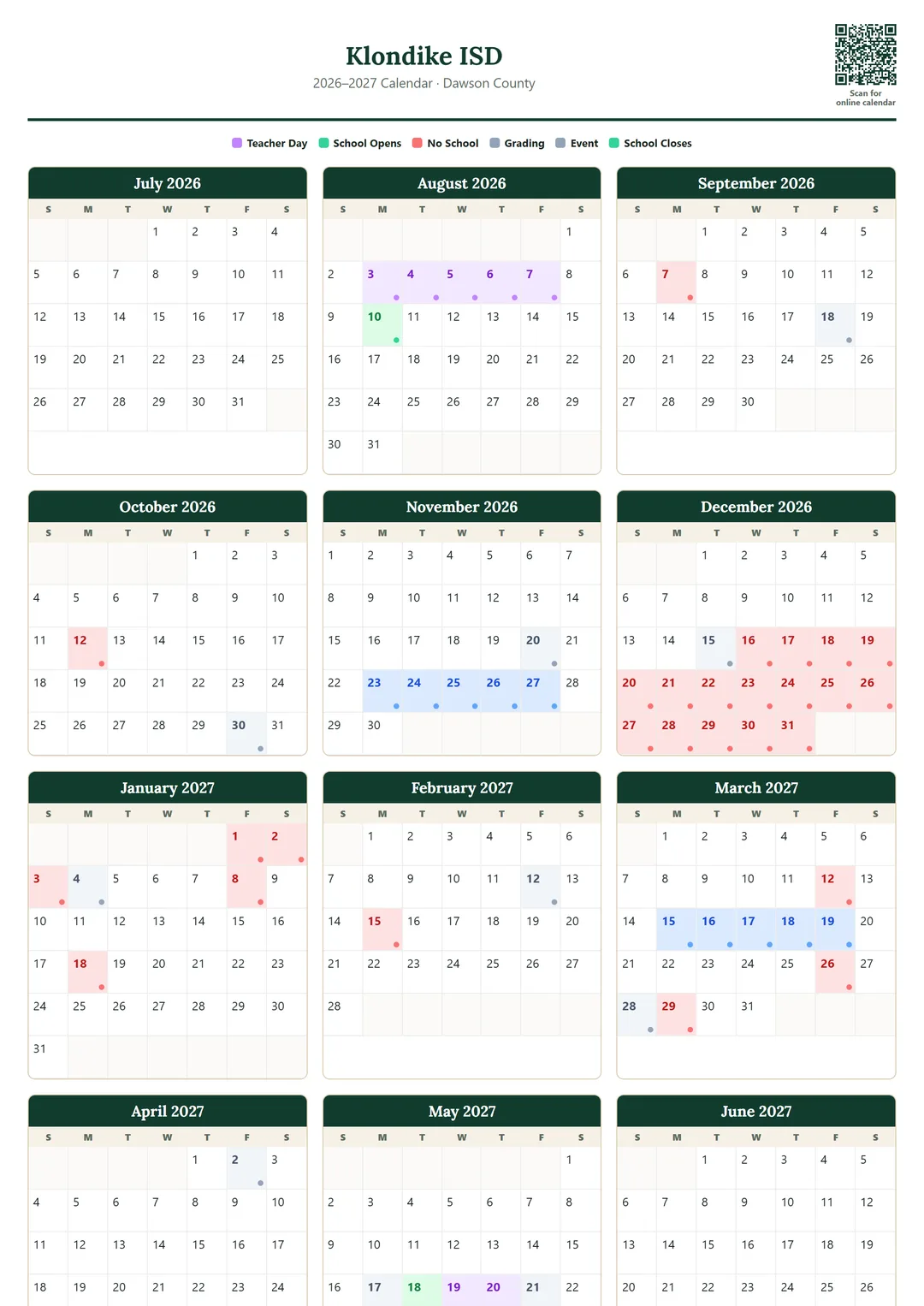 Klondike ISD printable 2026–2027 calendar