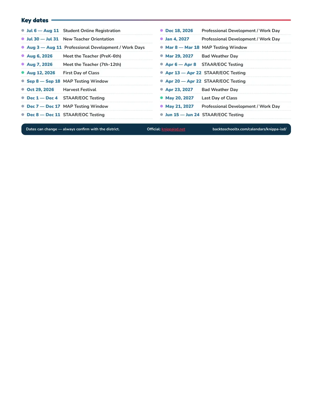 Knippa ISD Calendar for the Year 26-27 — key dates