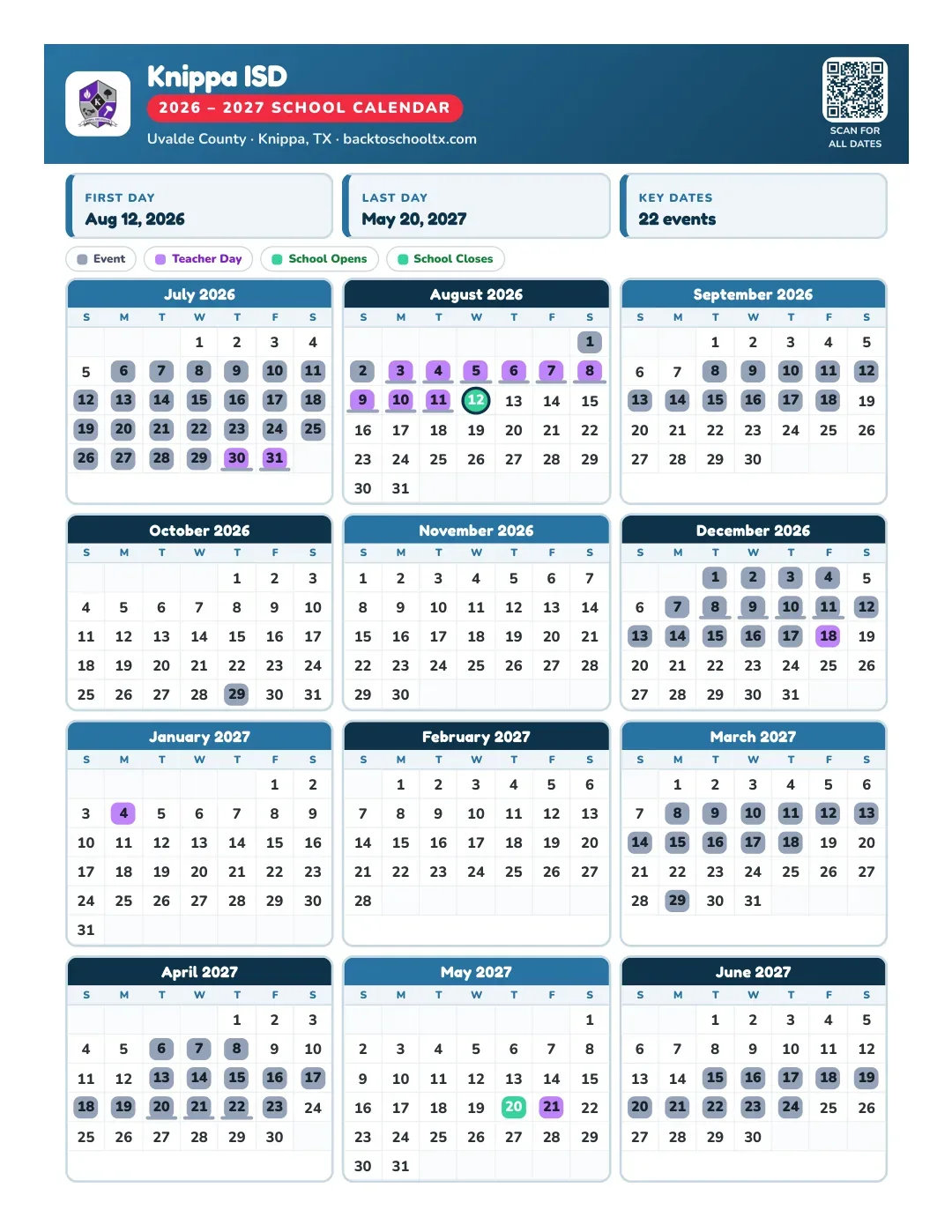Knippa ISD Calendar for the Year 26-27