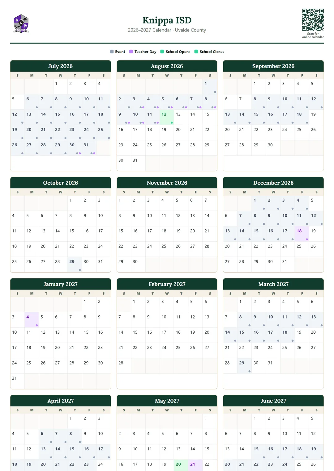Knippa ISD printable 2026–2027 calendar