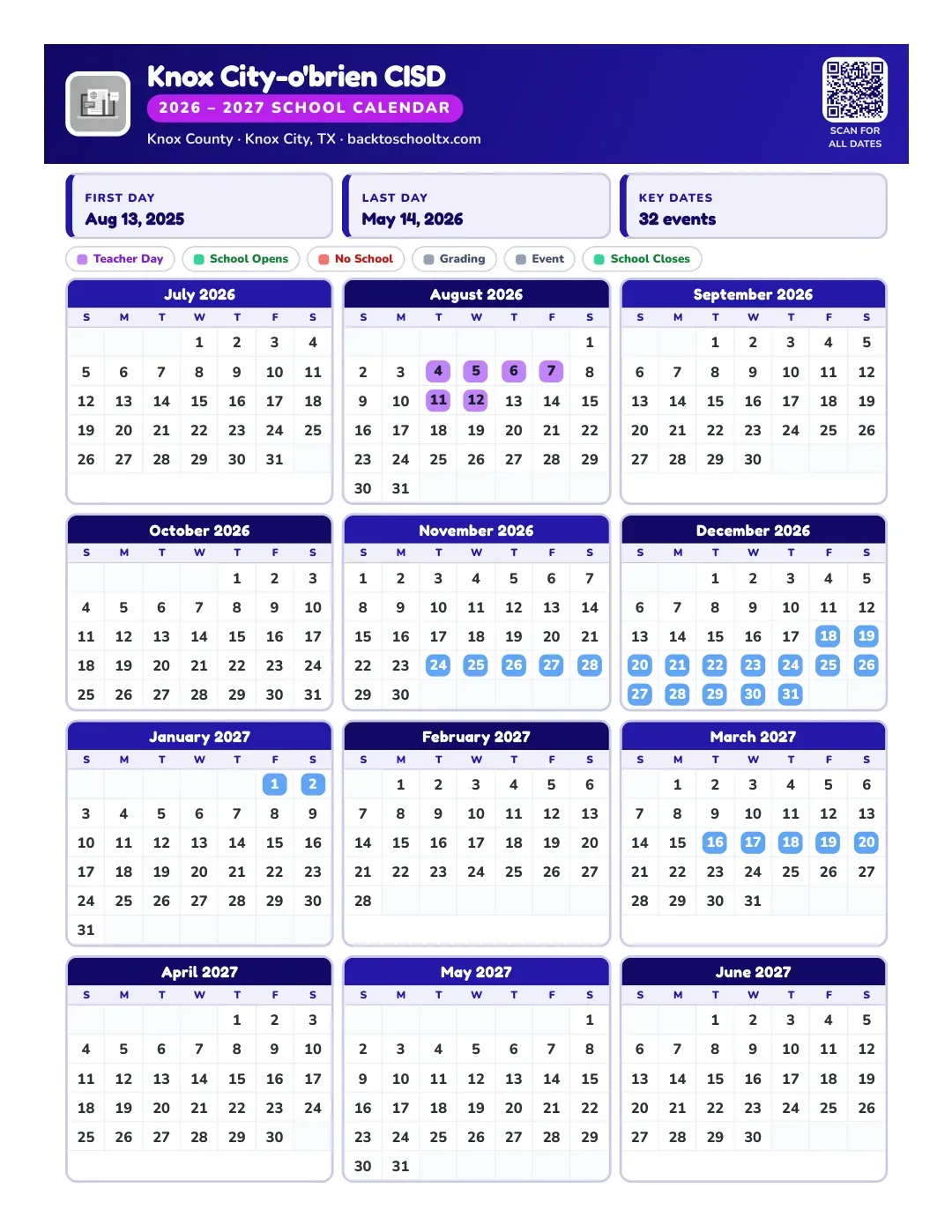 Knox City-o'brien CISD Calendar for the Year 26-27