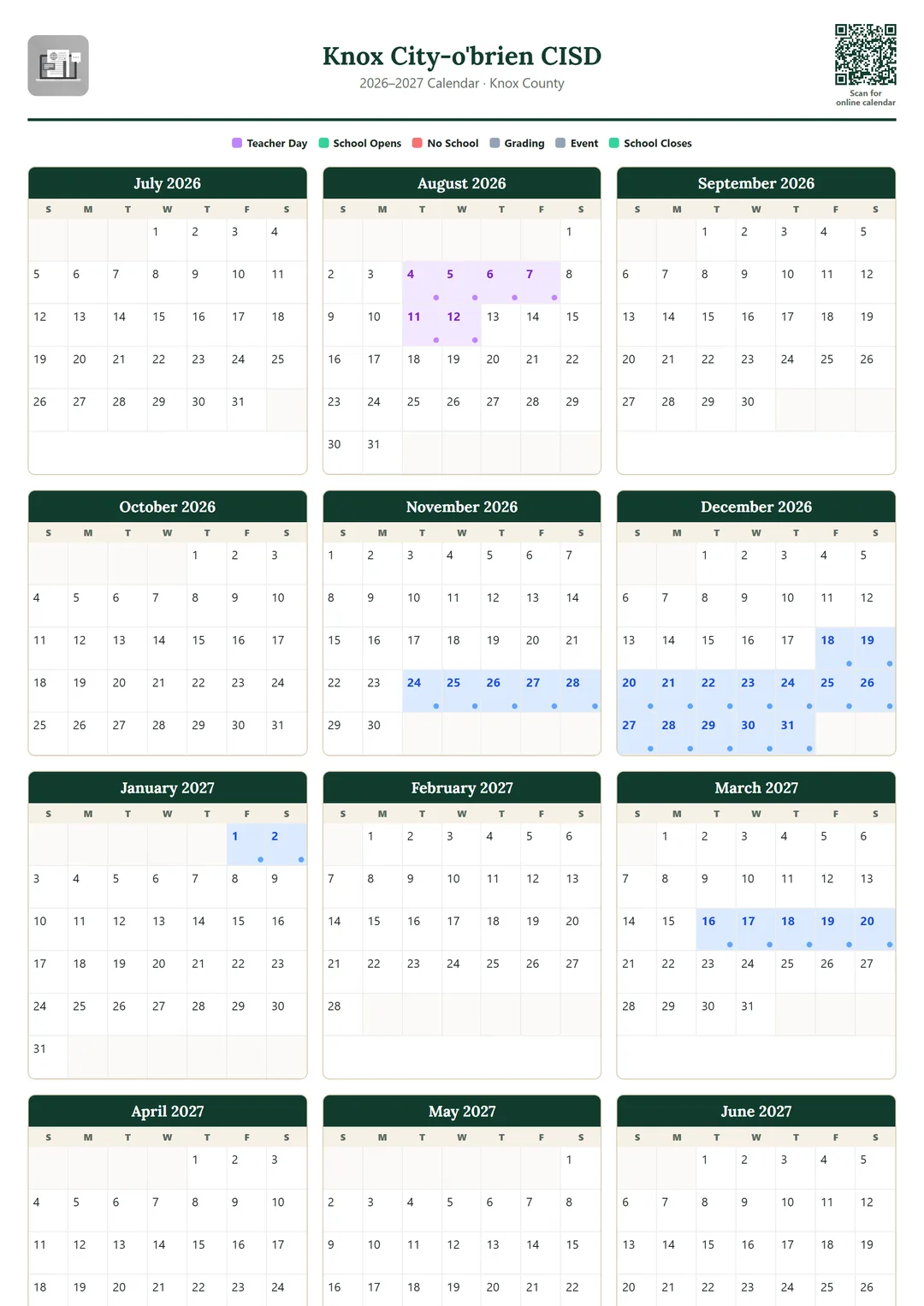 Knox City-o'brien CISD printable 2026–2027 calendar