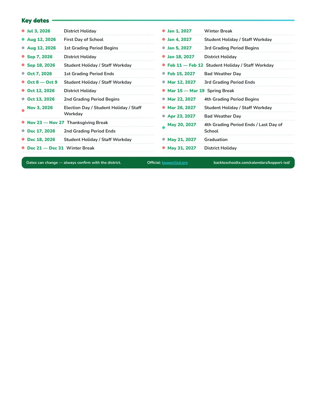 Kopperl ISD Calendar for the Year 26-27 — key dates