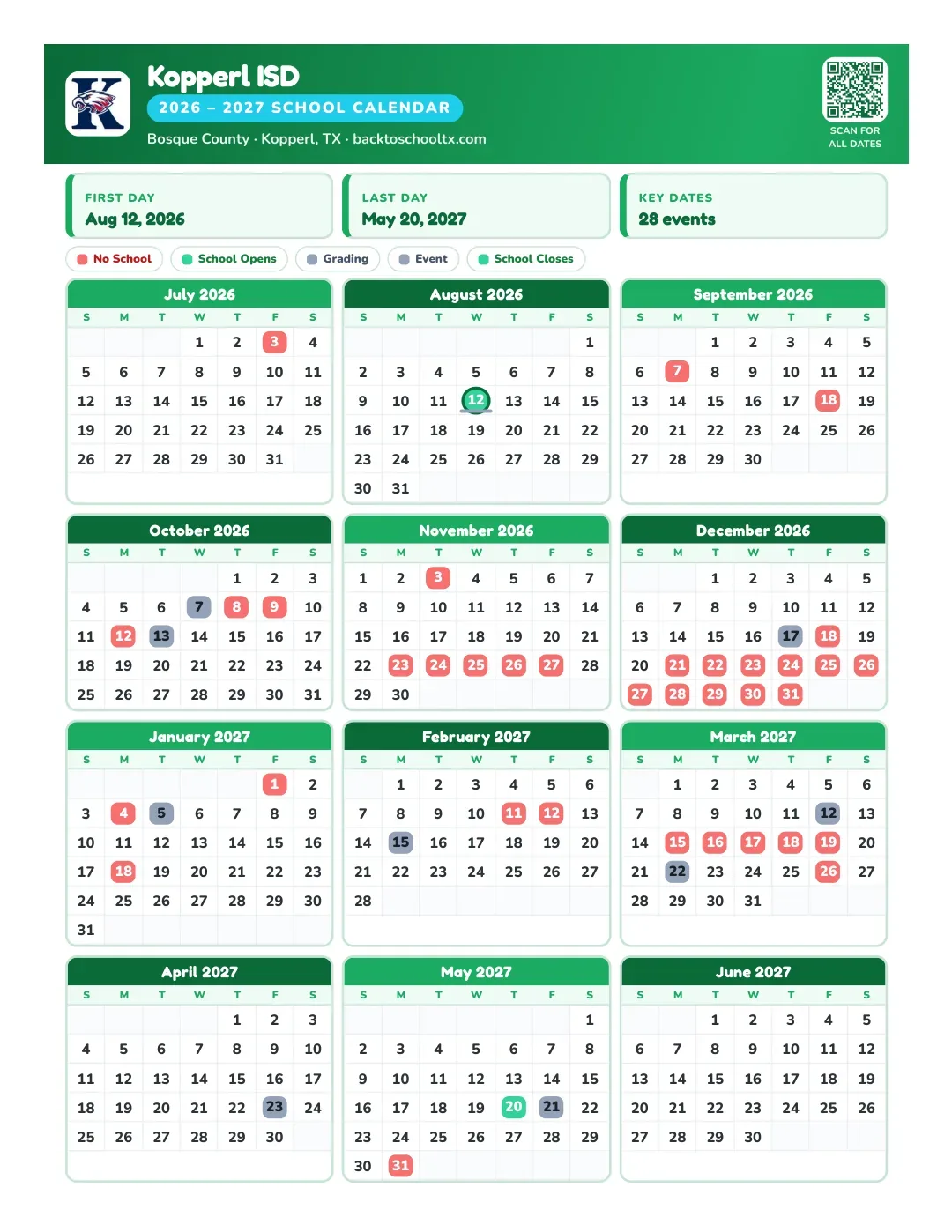 Kopperl ISD Calendar for the Year 26-27