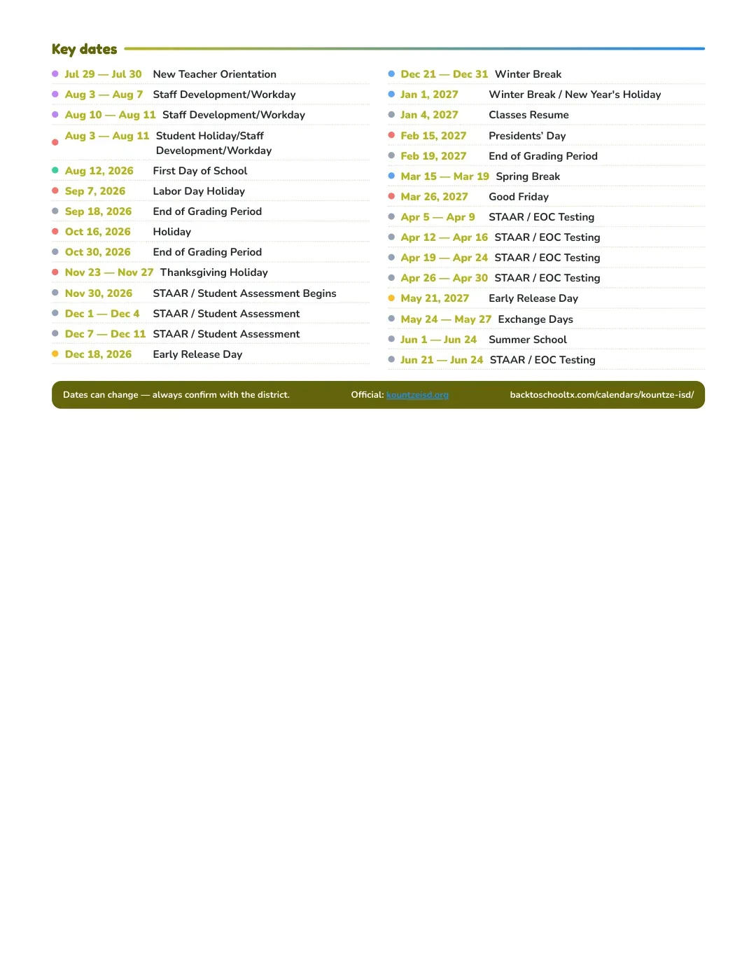 Kountze ISD Calendar for the Year 26-27 — key dates