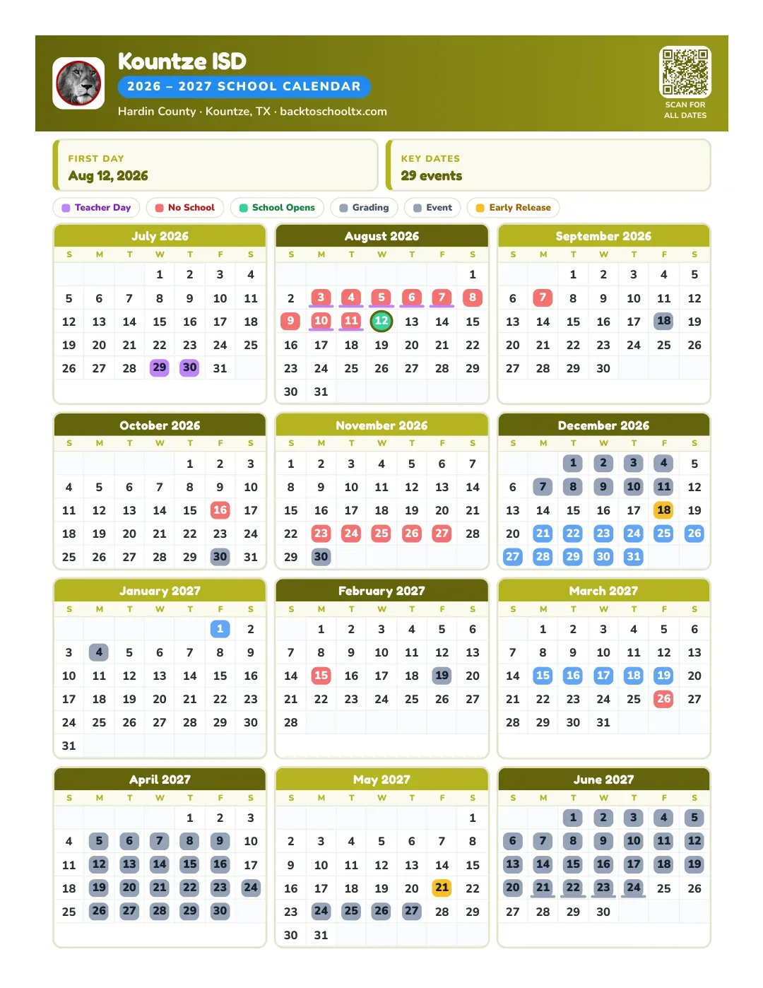 Kountze ISD Calendar for the Year 26-27