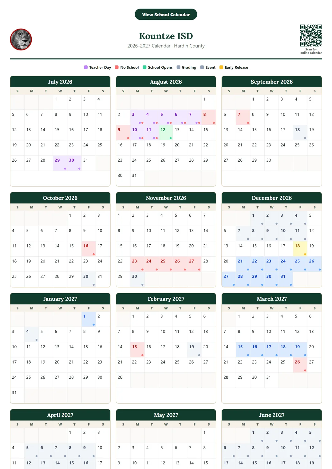 Kountze ISD printable 2026–2027 calendar