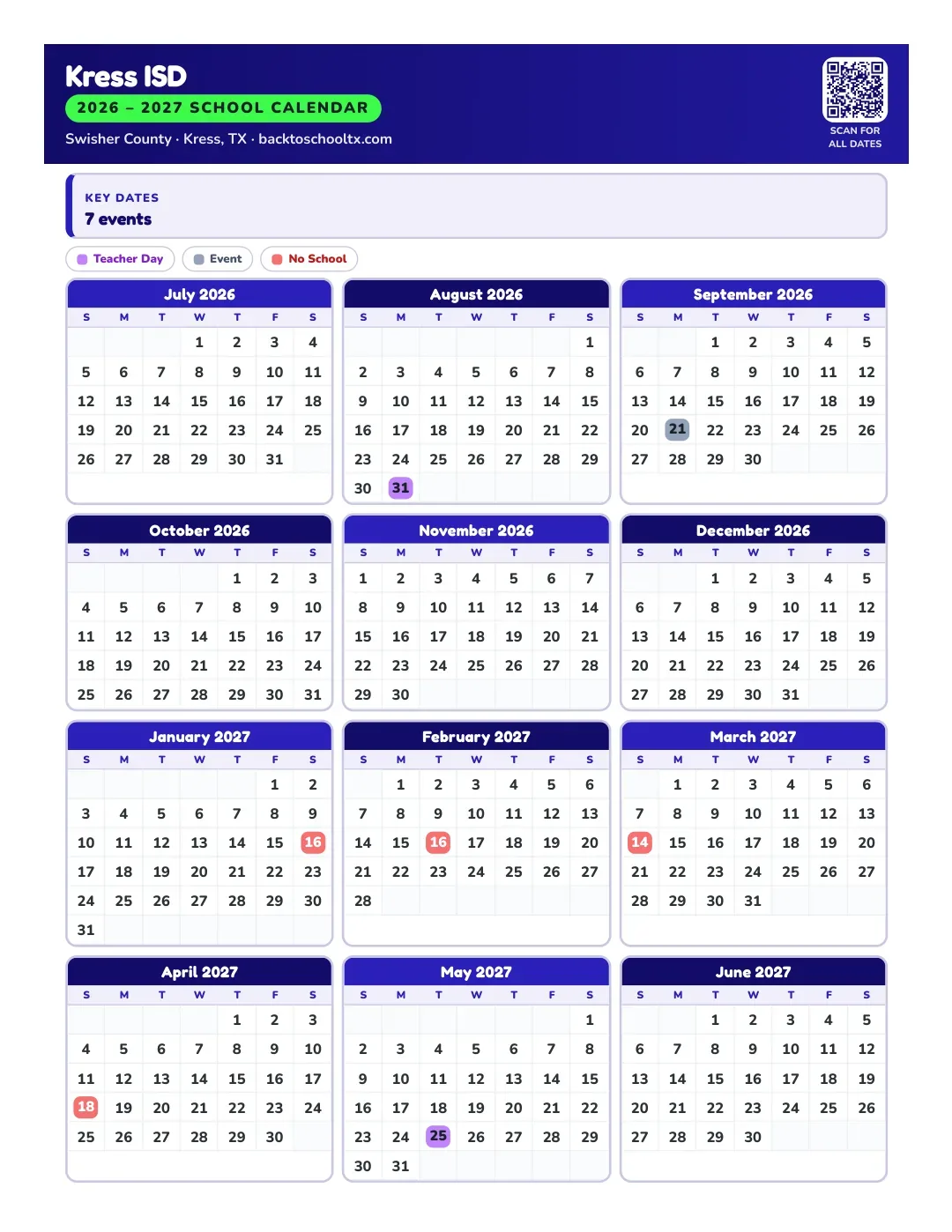 Kress ISD Calendar for the Year 26-27