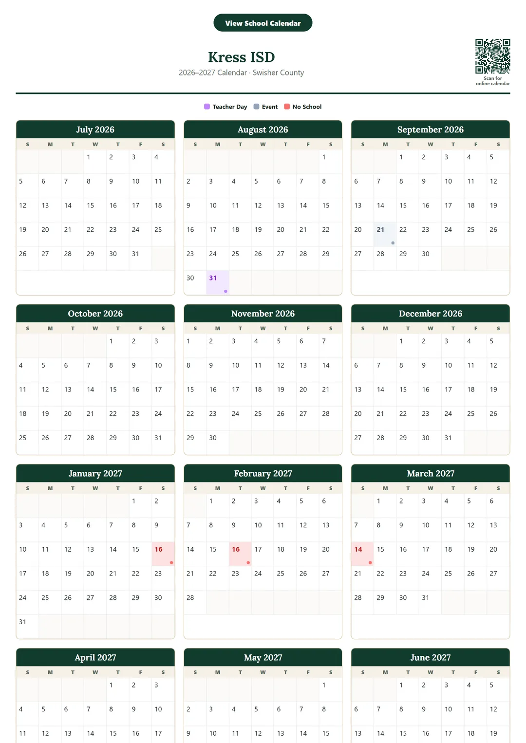 Kress ISD printable 2026–2027 calendar