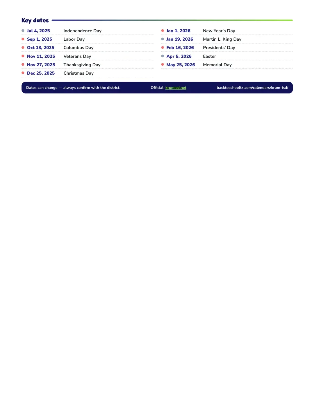 Krum ISD Calendar for the Year 26-27 — key dates