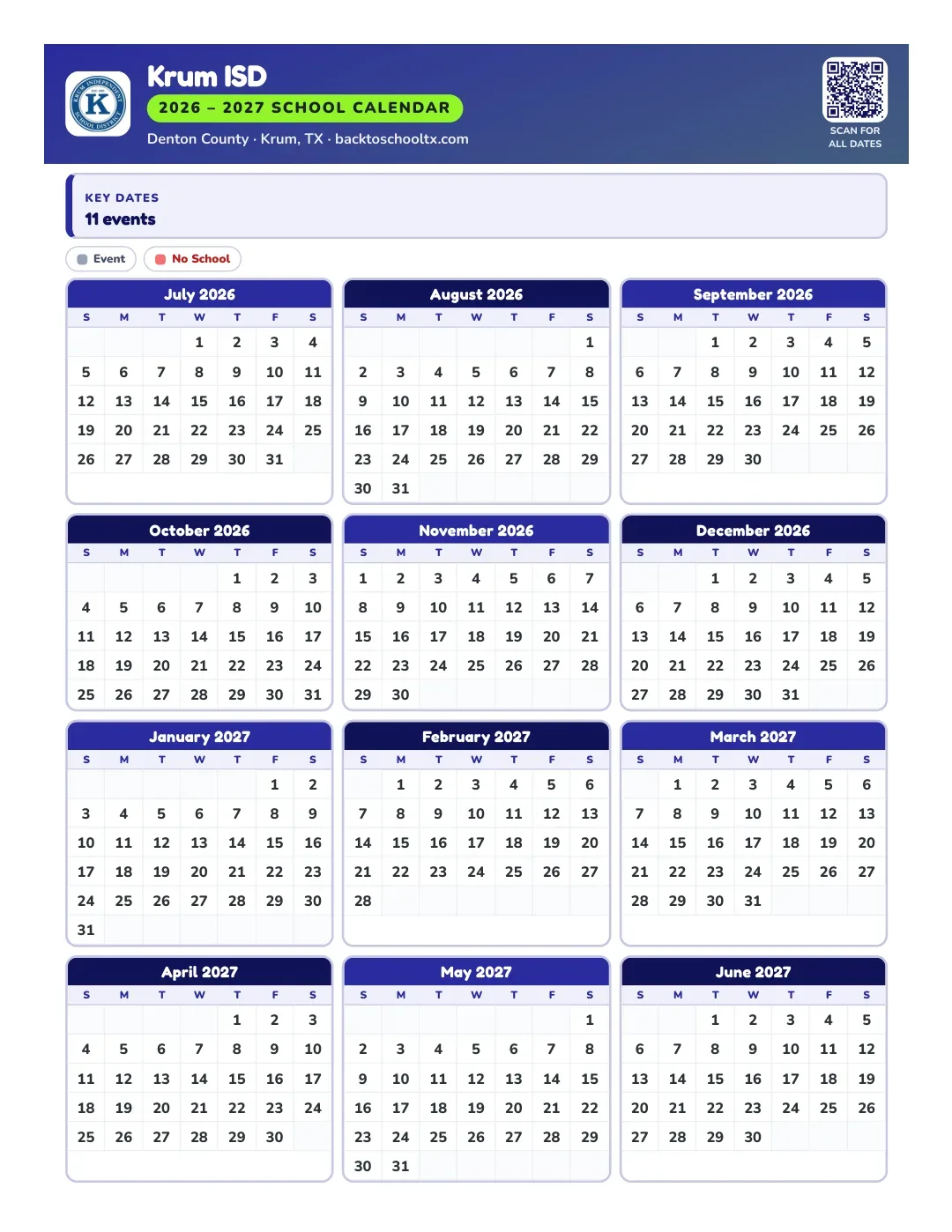 Krum ISD Calendar for the Year 26-27