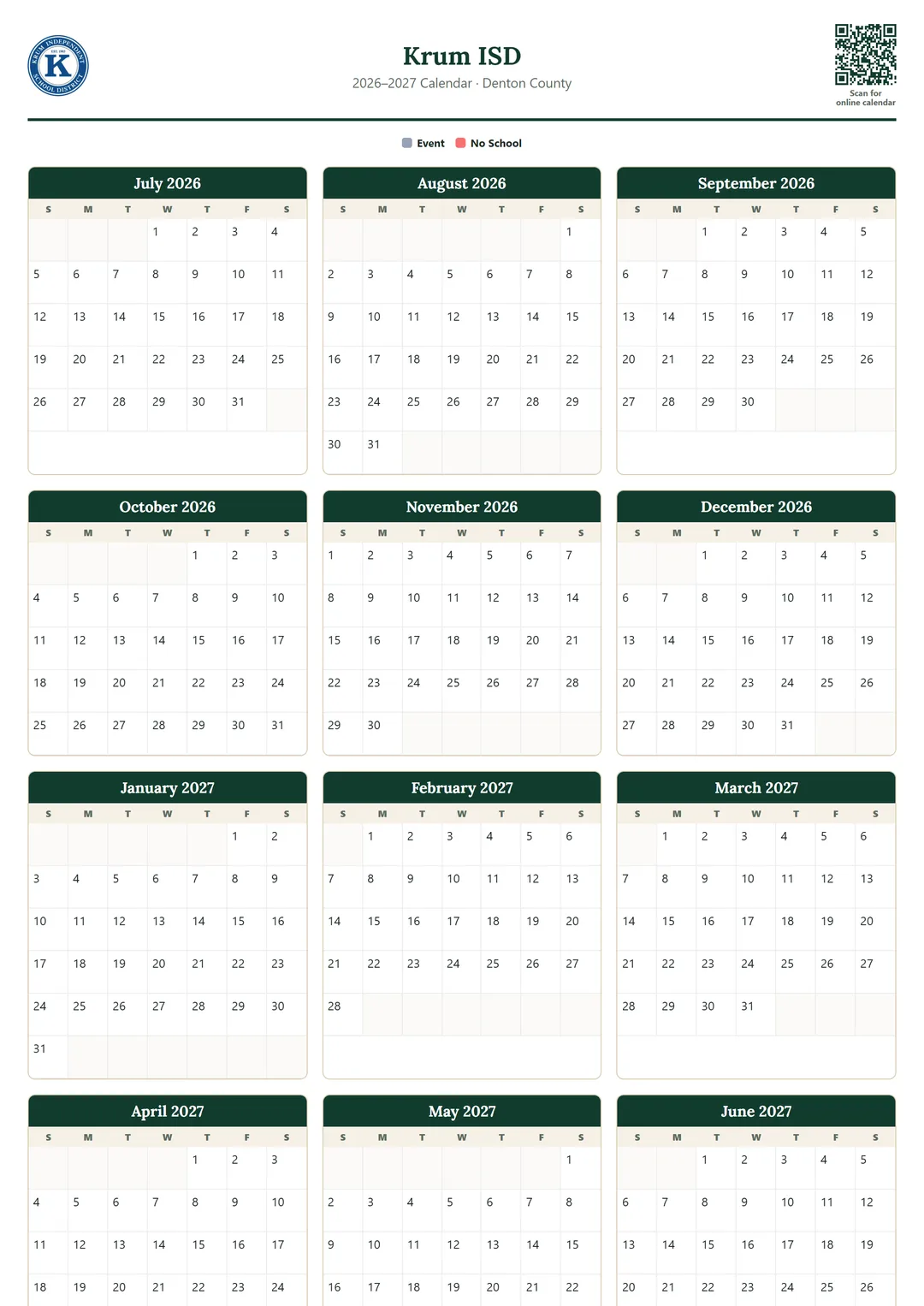 Krum ISD printable 2026–2027 calendar