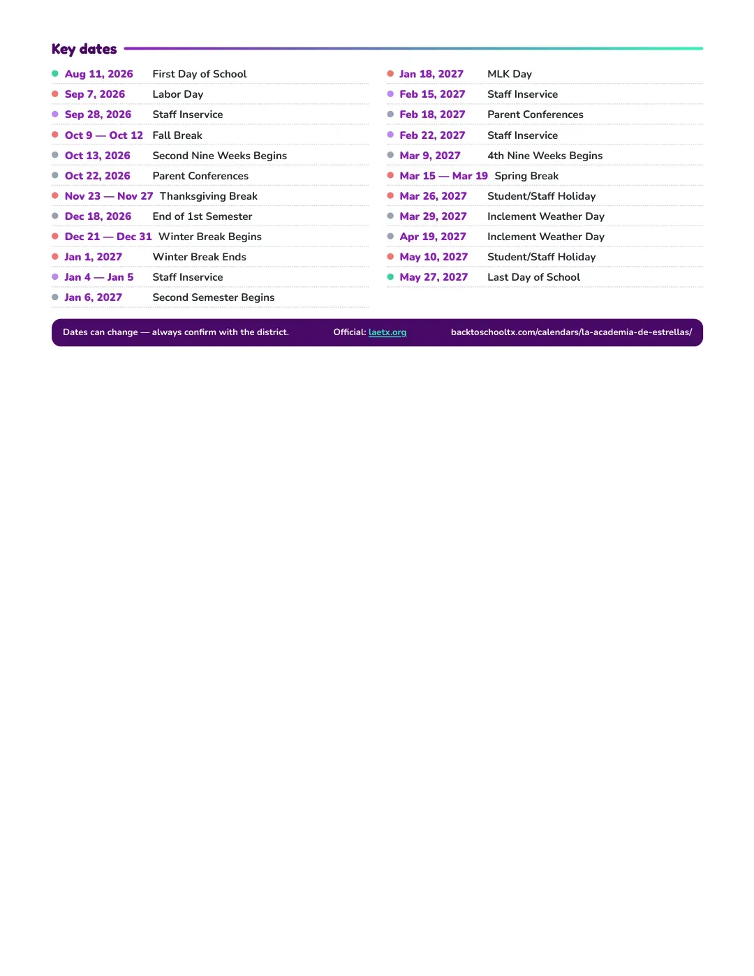 La Academia De Estrellas Calendar for the Year 26-27 — key dates