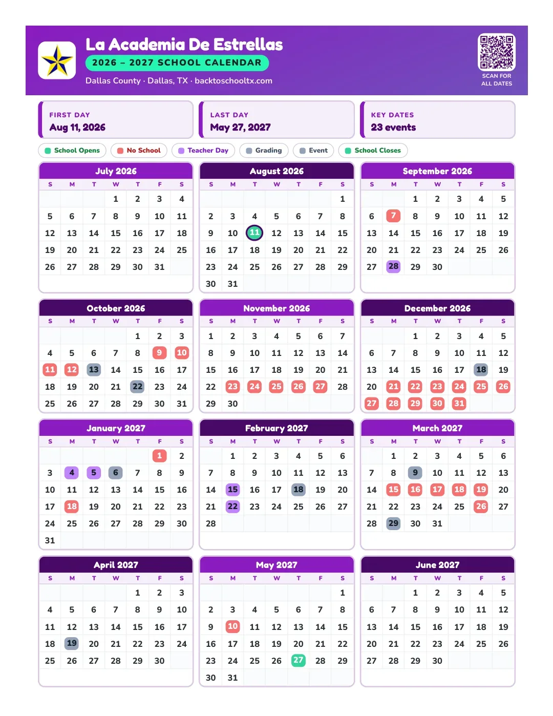 La Academia De Estrellas Calendar for the Year 26-27
