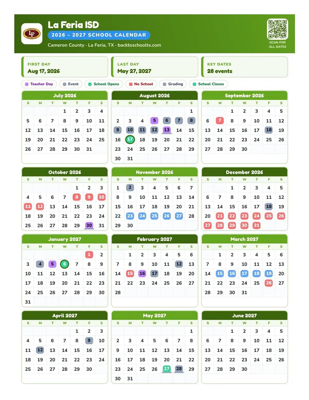 La Feria ISD Calendar for the Year 26-27