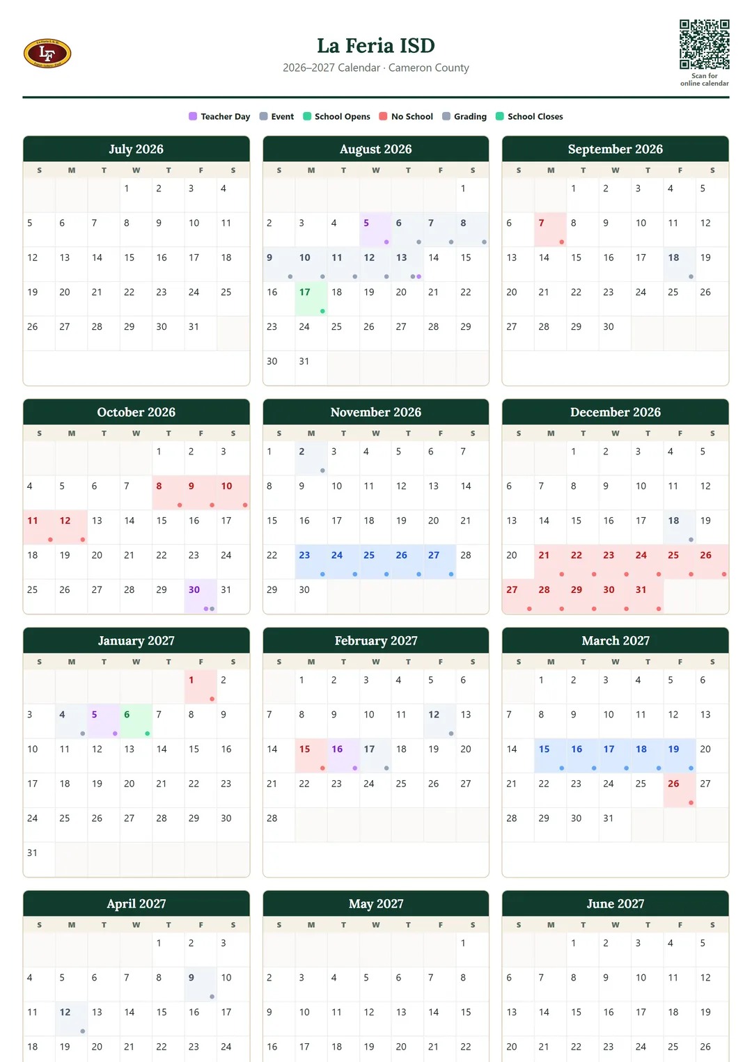 La Feria ISD printable 2026–2027 calendar