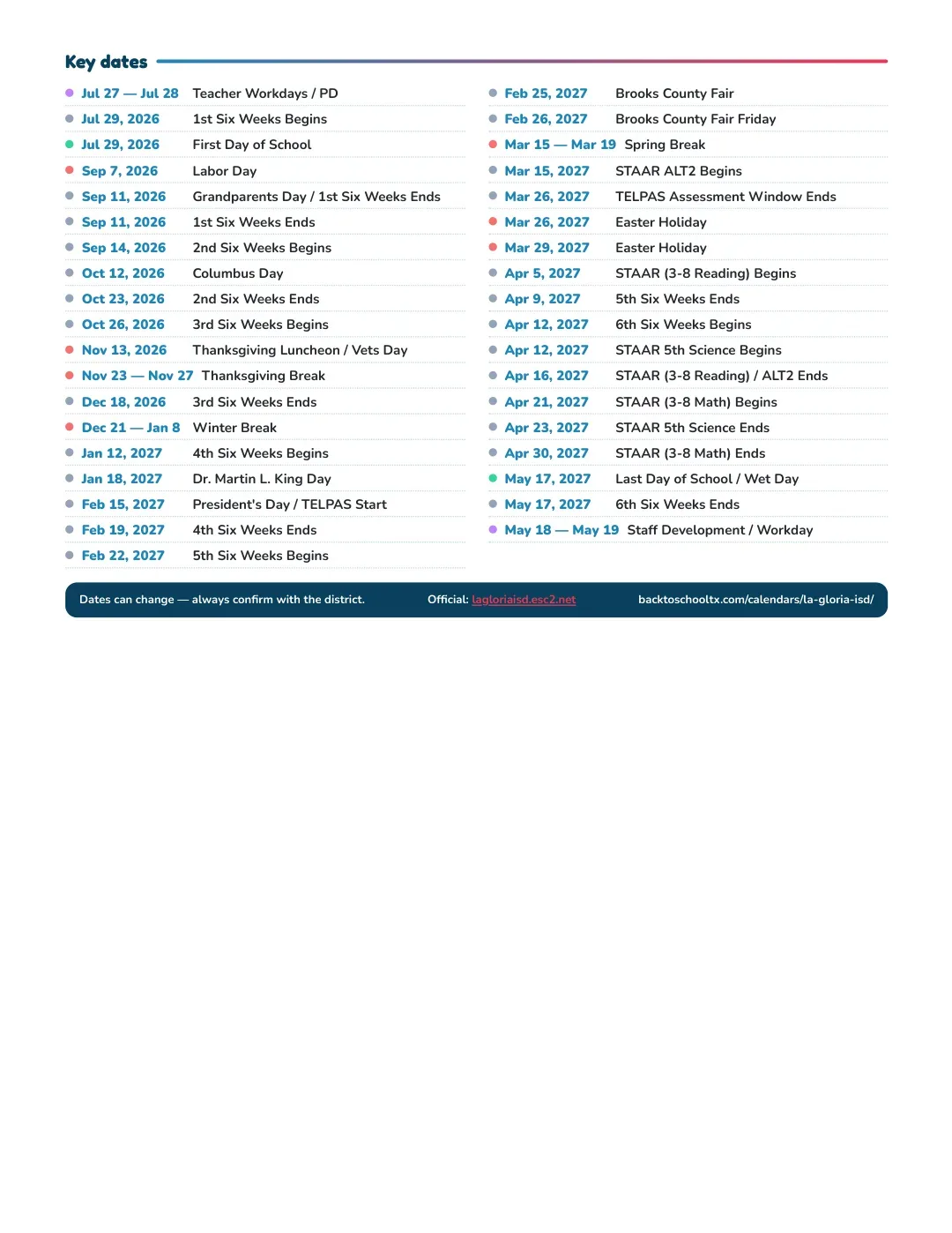 La Gloria ISD Calendar for the Year 26-27 — key dates